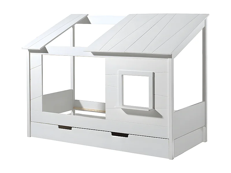 LAKA - Lit Maison 90x200cm Blanc avec Fenêtre + Tiroir