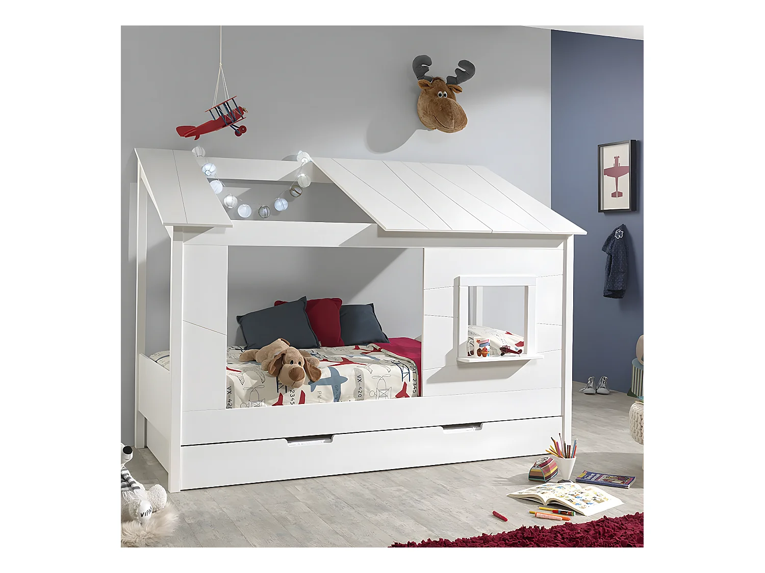 LAKA - Lit Maison 90x200cm Blanc avec Fenêtre + Tiroir