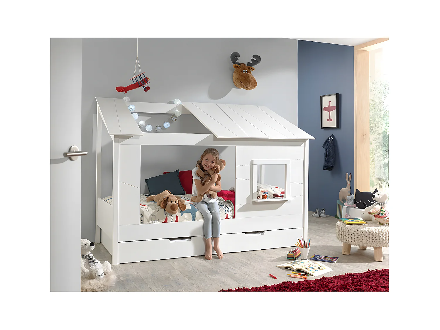 LAKA - Lit Maison 90x200cm Blanc avec Fenêtre + Tiroir