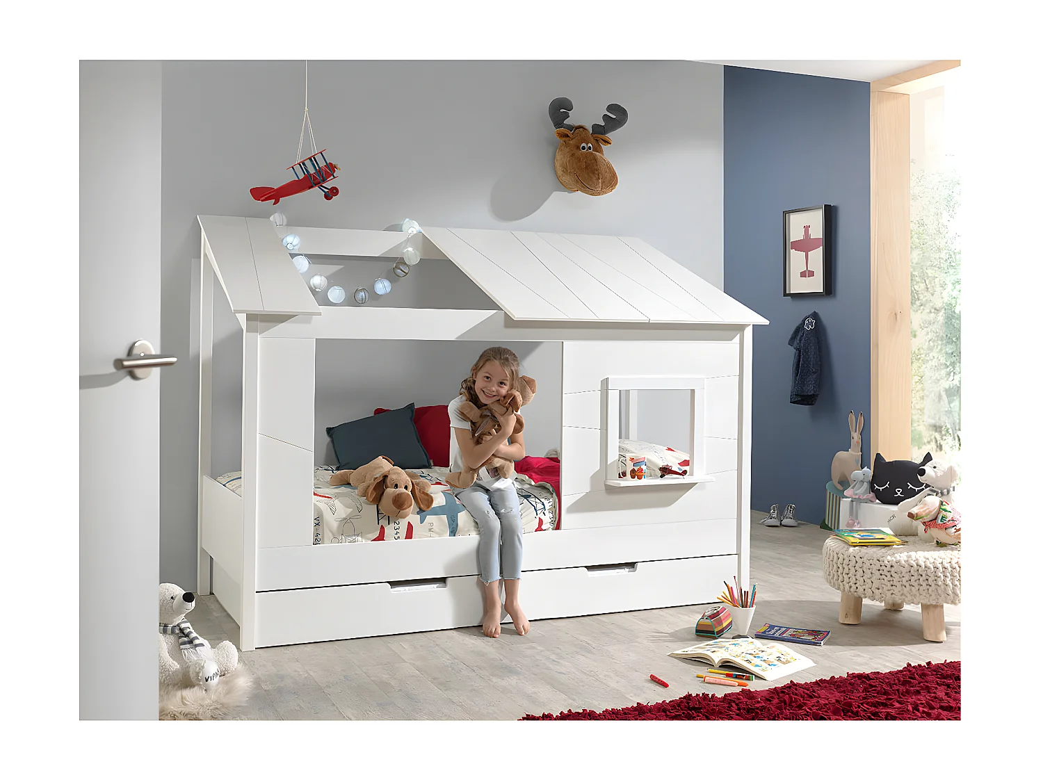 LAKA - Lit Maison 90x200cm Blanc avec Fenêtre + Tiroir