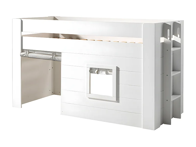 ELSA - Lit Surélevé Cabane 90x200cm Blanc avec Rideaux