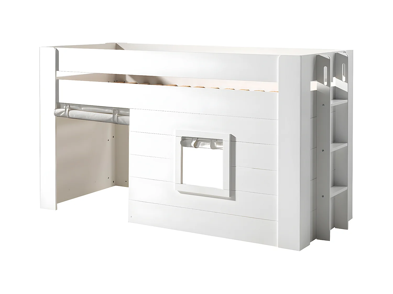 ELSA - Lit Surélevé Cabane 90x200cm Blanc avec Rideaux