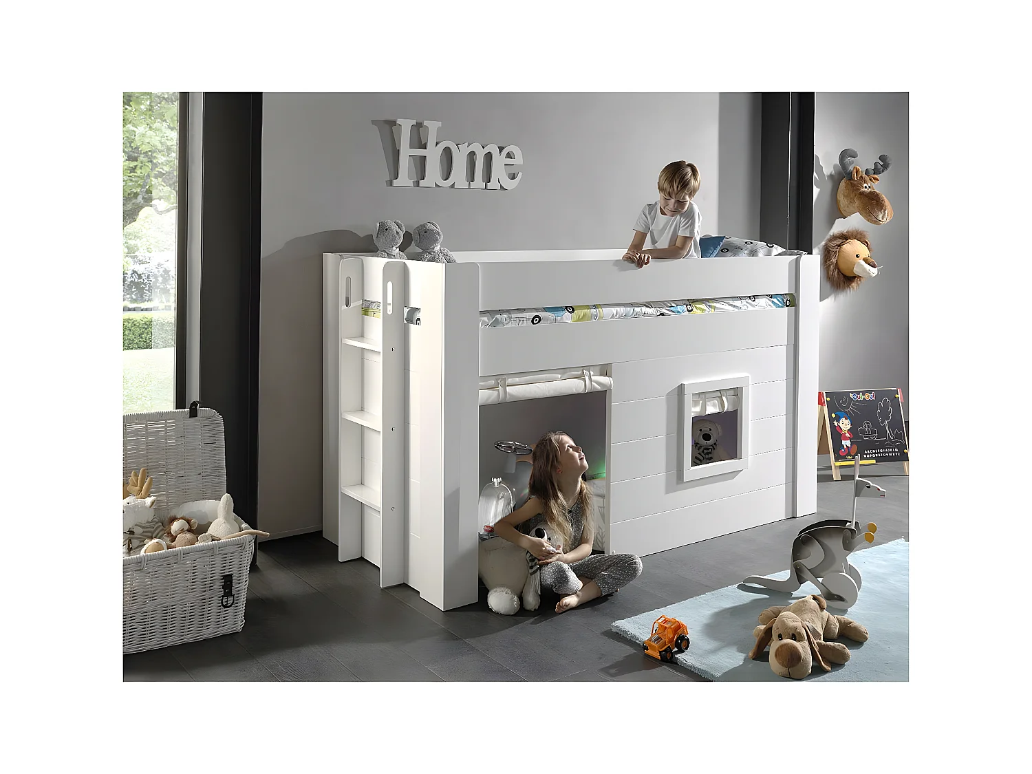 ELSA - Lit Surélevé Cabane 90x200cm Blanc avec Rideaux