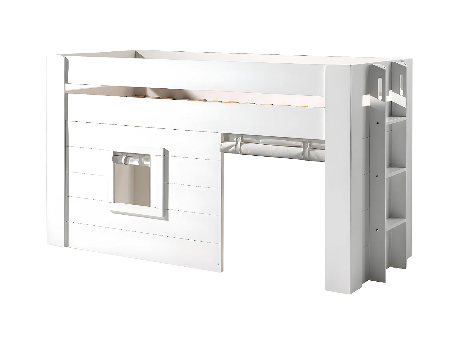 ELSA - Lit Surélevé Cabane 90x200cm Blanc avec Rideaux