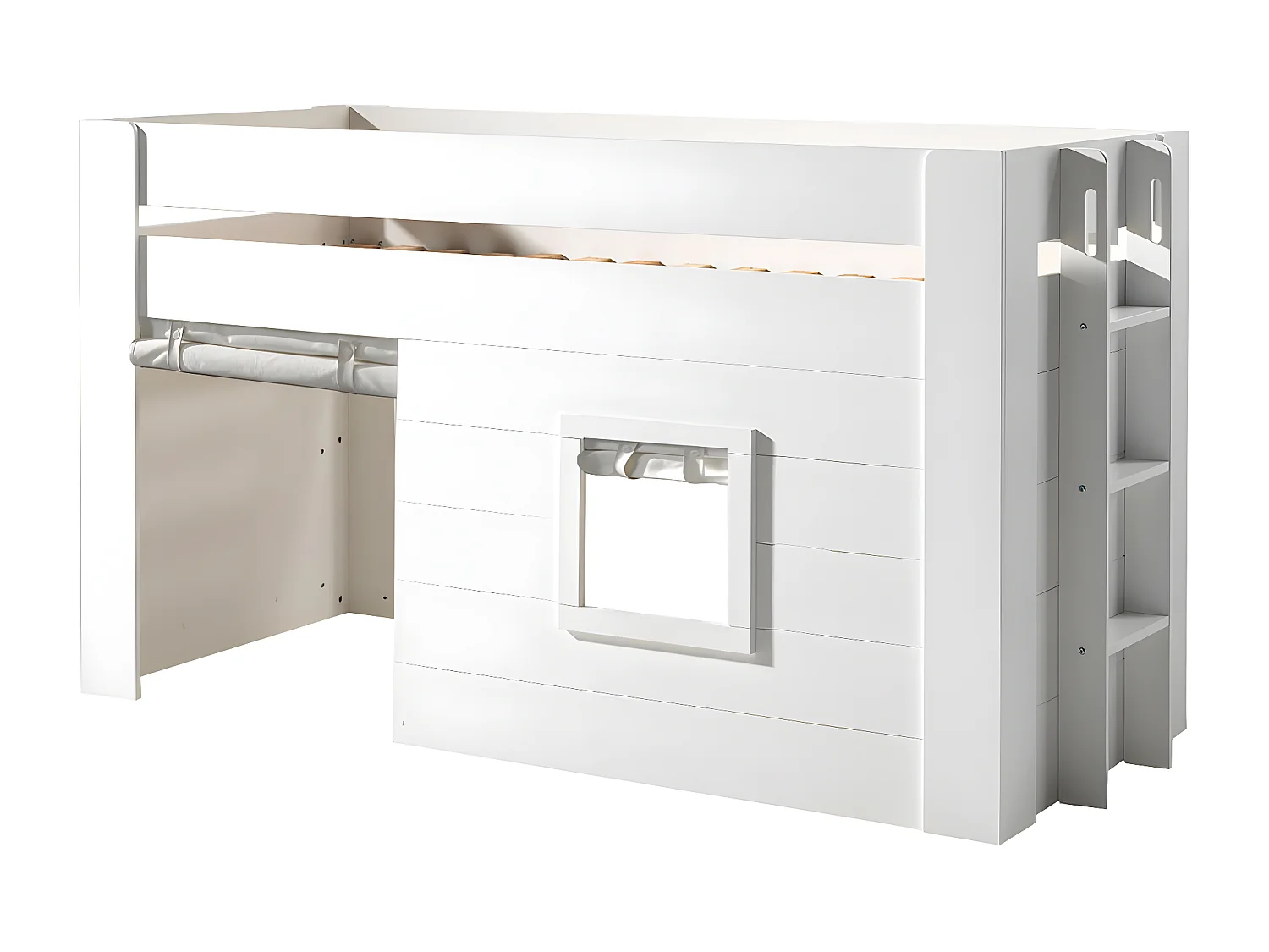 ELSA - Lit Surélevé Cabane 90x200cm Blanc avec Rideaux