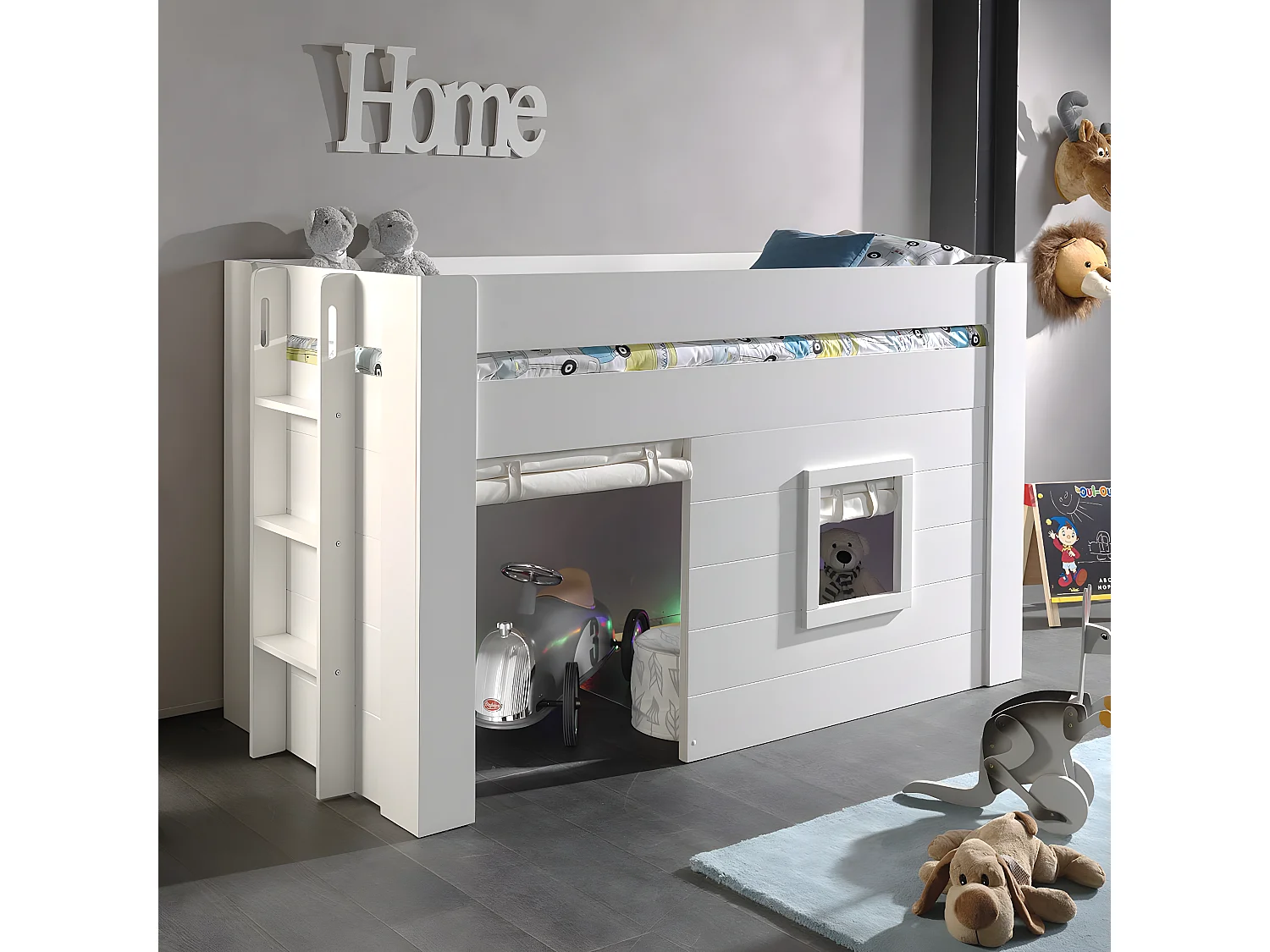 ELSA - Lit Surélevé Cabane 90x200cm Blanc avec Rideaux