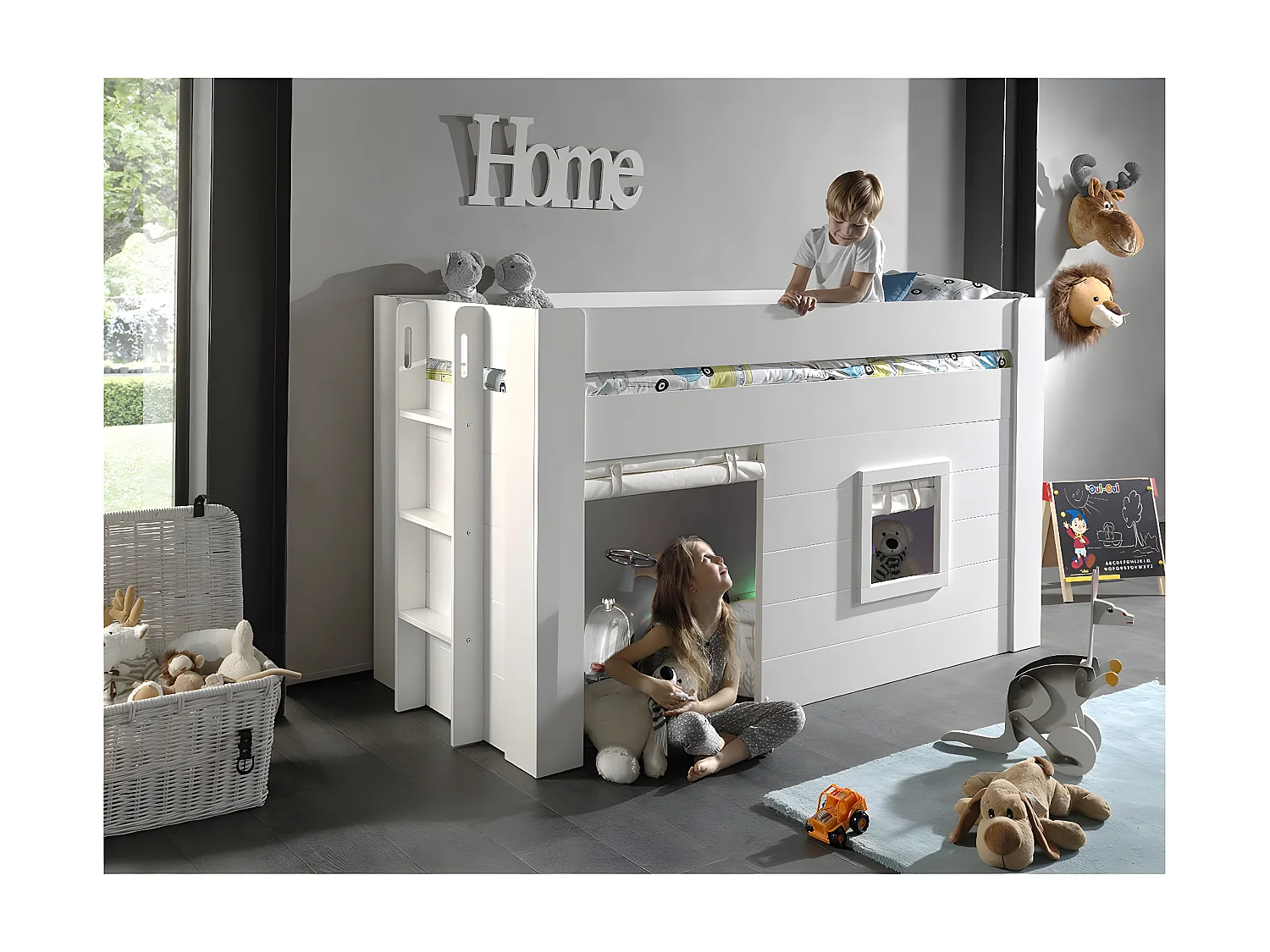 ELSA - Lit Surélevé Cabane 90x200cm Blanc avec Rideaux