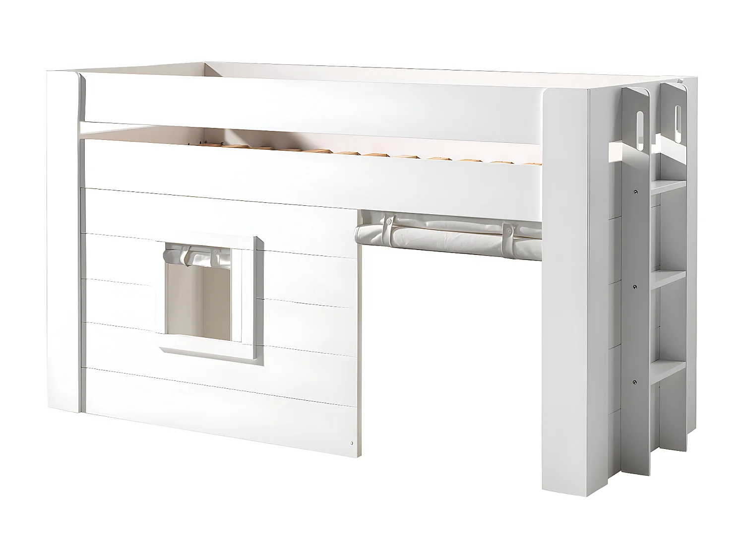 ELSA - Lit Surélevé Cabane 90x200cm Blanc avec Rideaux