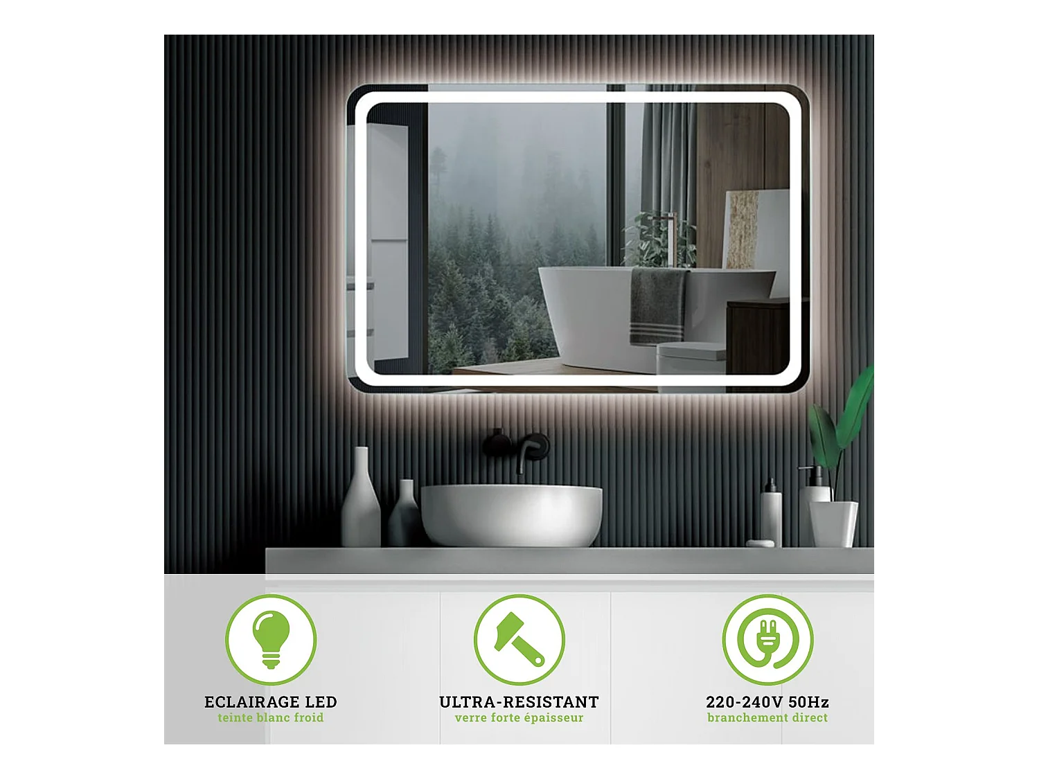 Miroir Ledimex Austria avec éclairage Led Frontal - Rectangulaire avec Bords Arrondi l.70 x H.80 cm - Installation verticale