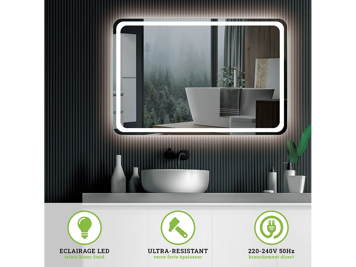 Miroir Ledimex Austria avec éclairage Led Frontal - Rectangulaire avec Bords Arrondi l.70 x H.80 cm - Installation verticale