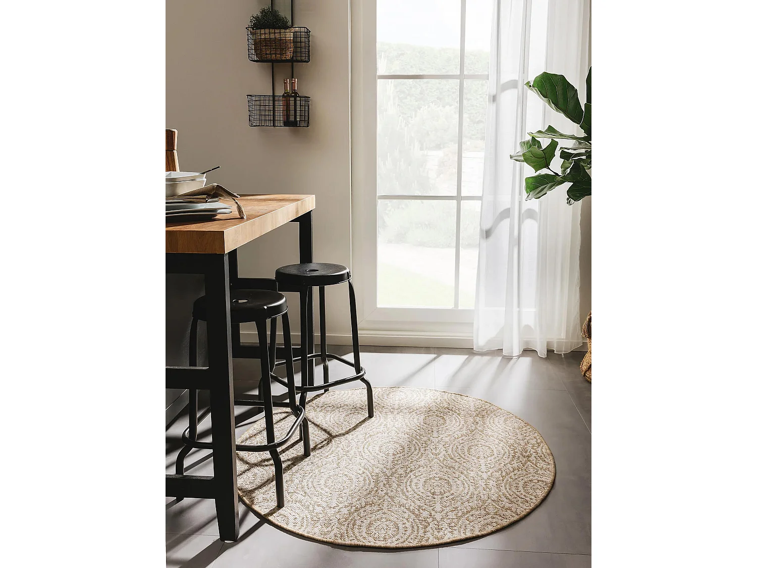 Tapis d'extérieur & intérieur rond Cleo Crème/Beige ø 120 cm rond