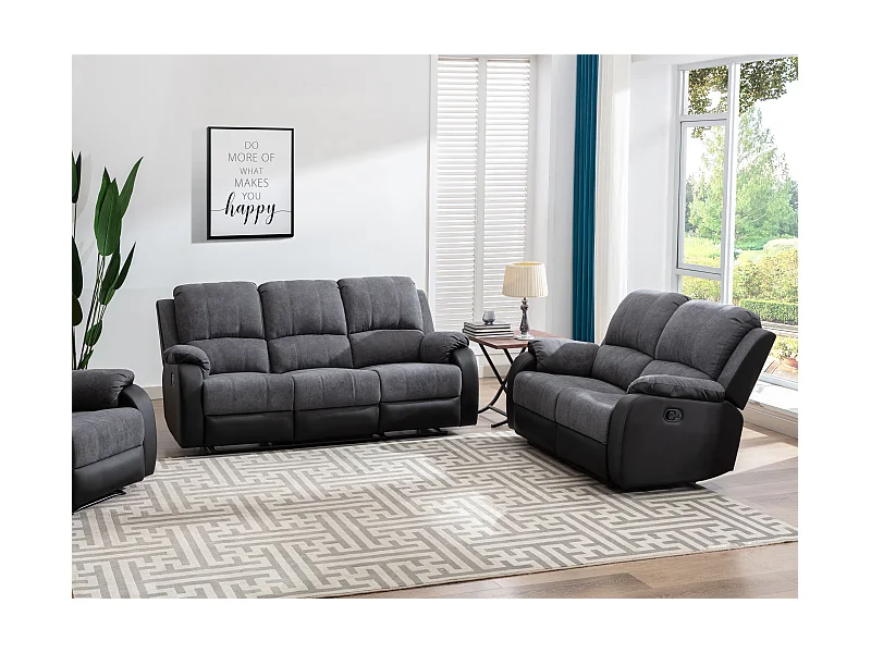 Sofá de 3+2 lugares articulado em microfibra e pele sintética cinzento e preto - BRODY