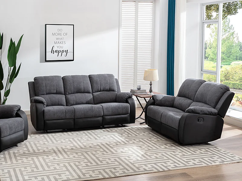 Canapés 3 places et 2 places relax en microfibre et simili gris et noir BRODY