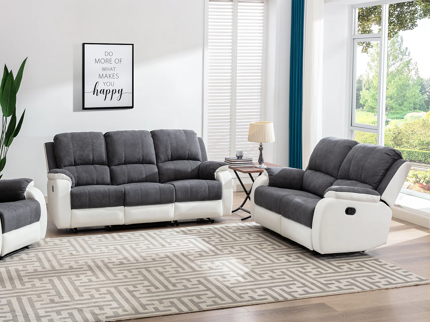 Sofá de 3+2 lugares articulado em microfibra e pele sintética cinzento e branco - BRODY