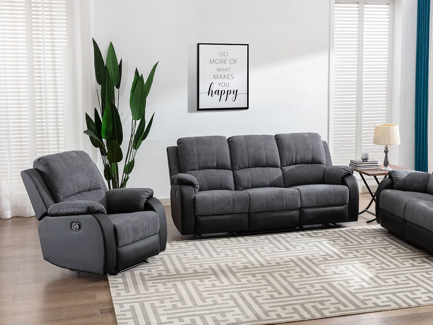 Driezits-relaxbank en -fauteuil van microvezel en grijs en zwart kunstleer BRODY