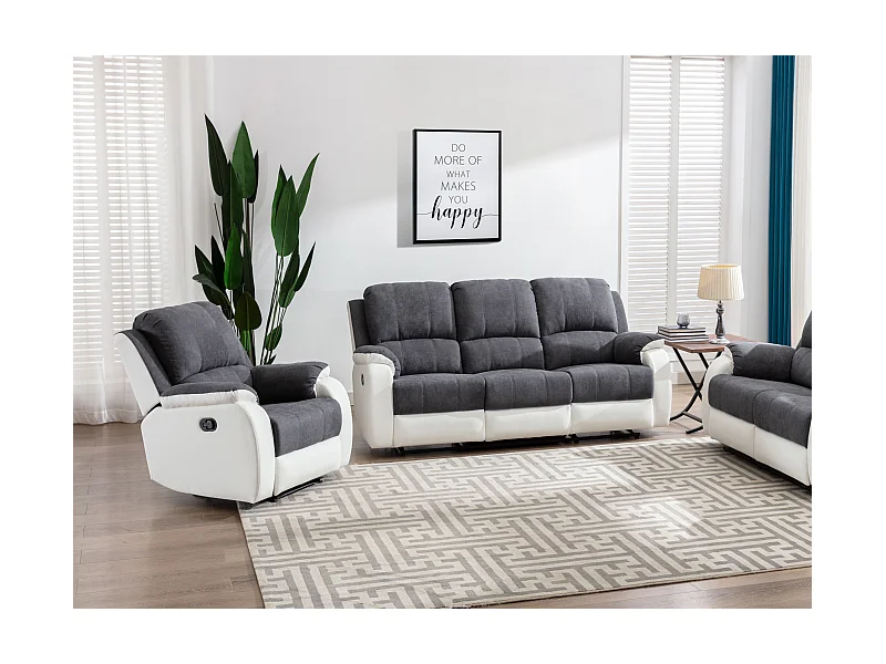 Divano 3 posti e poltrona relax in Microfibra e Similpelle Grigio e Bianco - BRODY