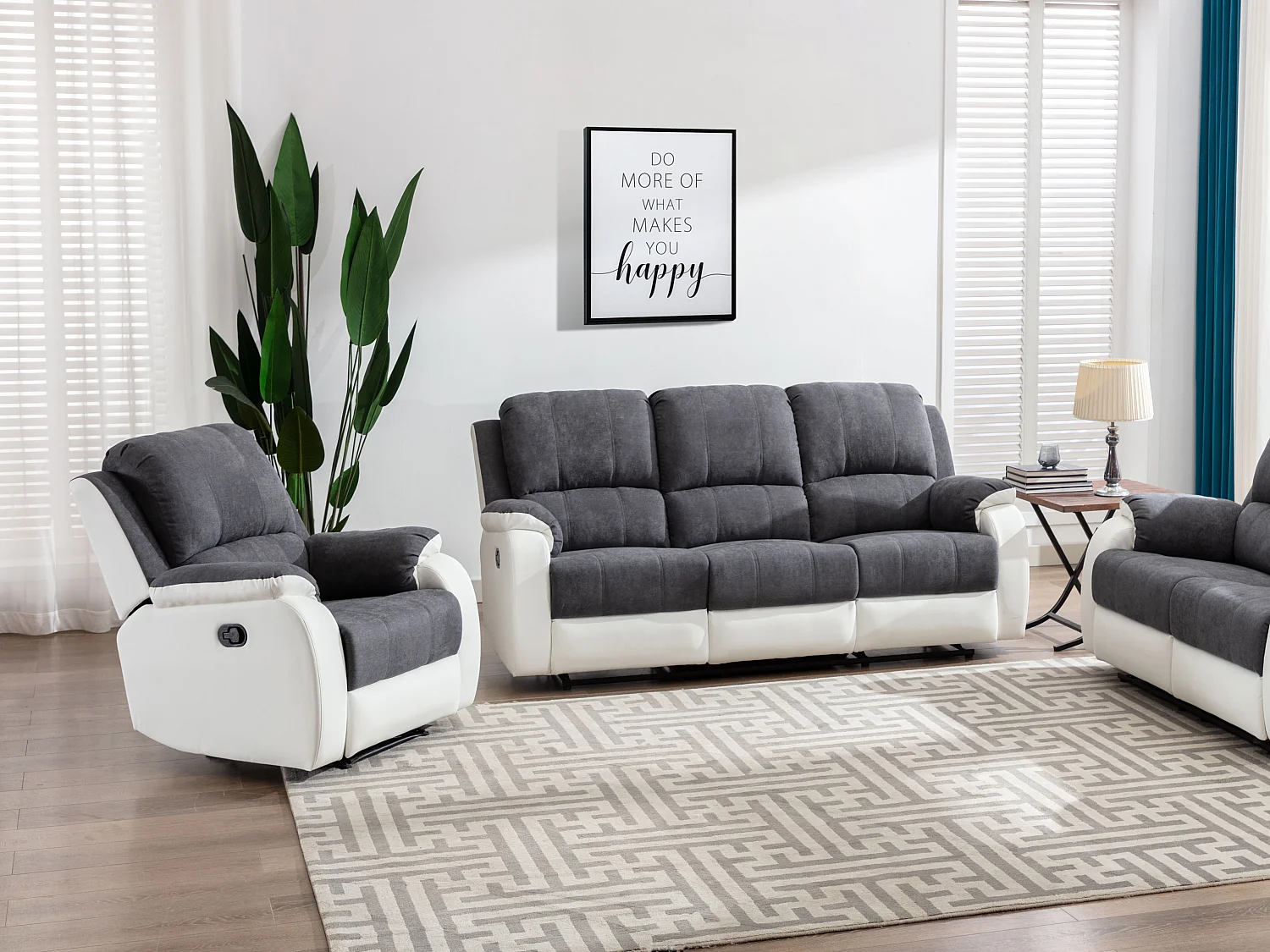 Divano 3 posti e poltrona relax in Microfibra e Similpelle Grigio e Bianco - BRODY