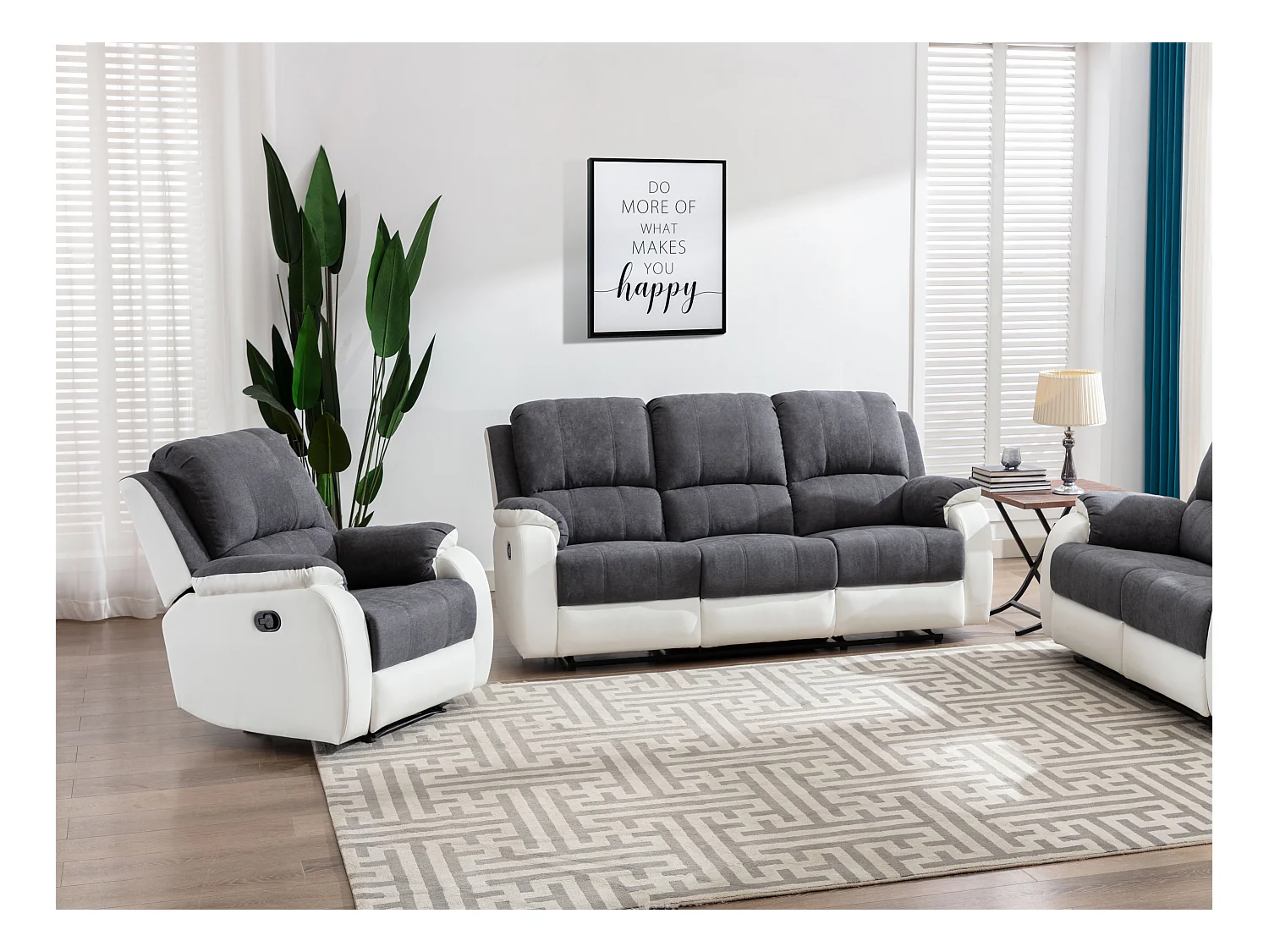 Canapé 3 places et fauteuil relax en microfibre et simili gris et blanc BRODY