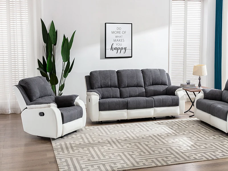 Kanapa 3-osobowa i fotel z funkcją relax z mikrofibry i ekoskóry Kolor szary i biały BRODY