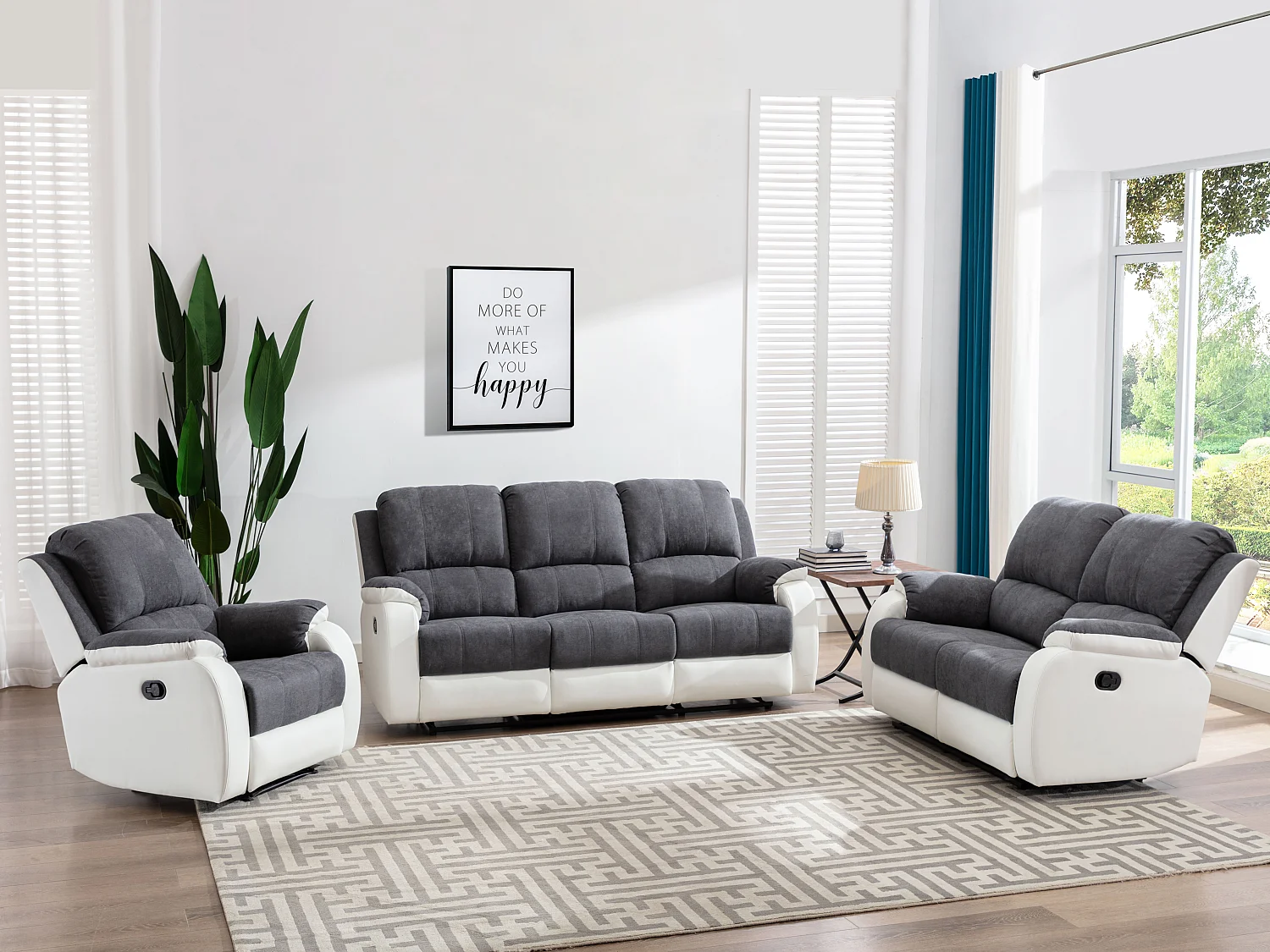 Canapés 3 places 2 places et un fauteuil relax en microfibre et simili gris et blanc BRODY