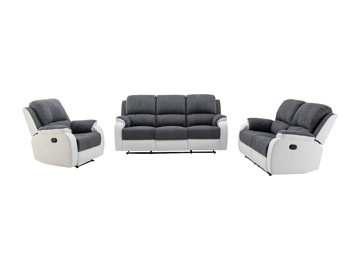Canapés 3 places 2 places et un fauteuil relax en microfibre et simili gris et blanc BRODY