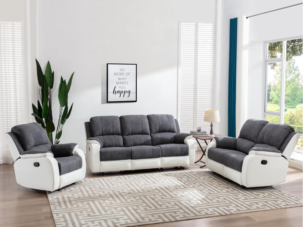 Sofá 3+2+1 relax de microfibra y piel sintética gris y blanco BRODY