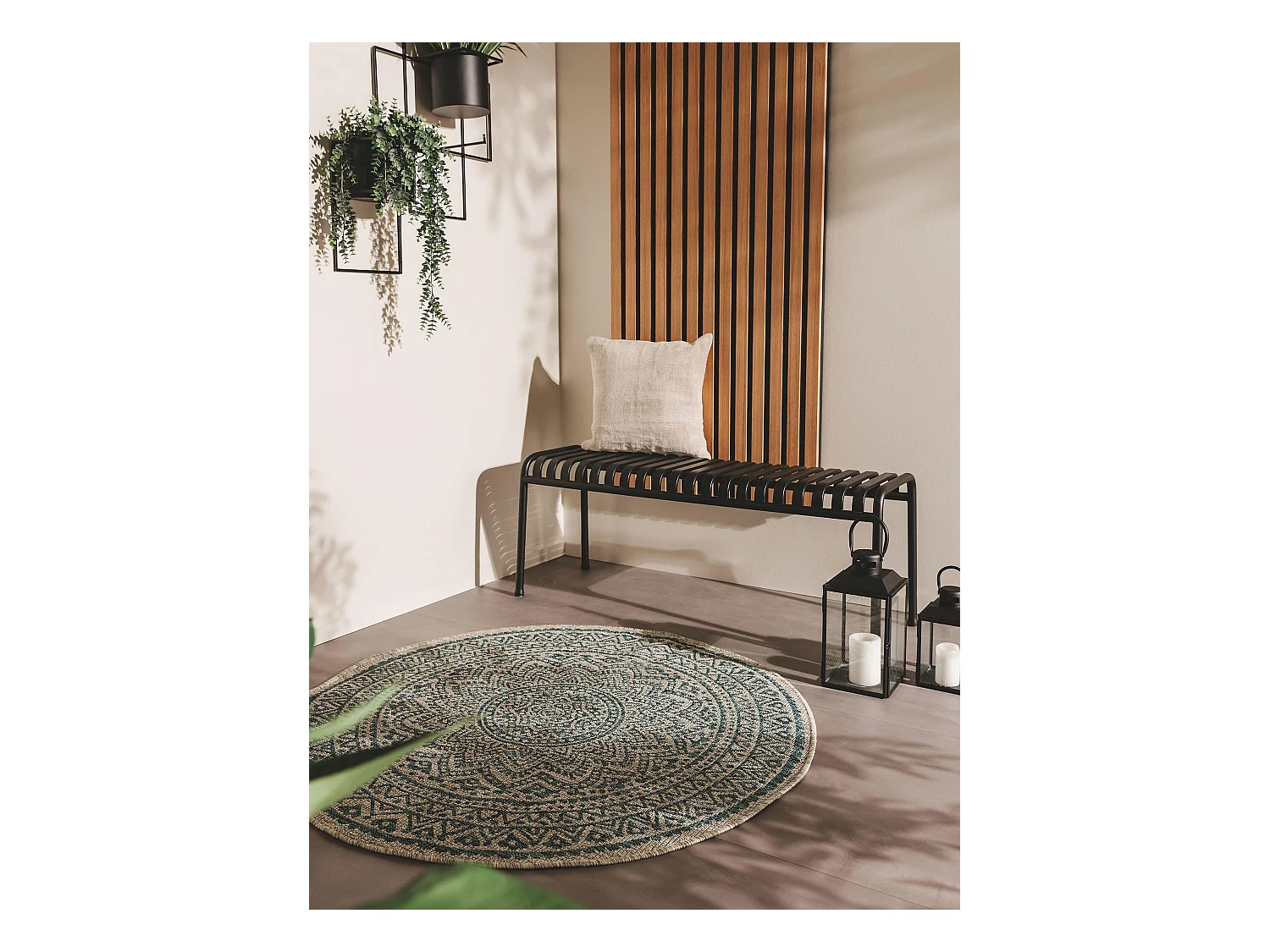 Tapis d'extérieur & intérieur rond Cleo Beige/Bleu ø 150 cm rond