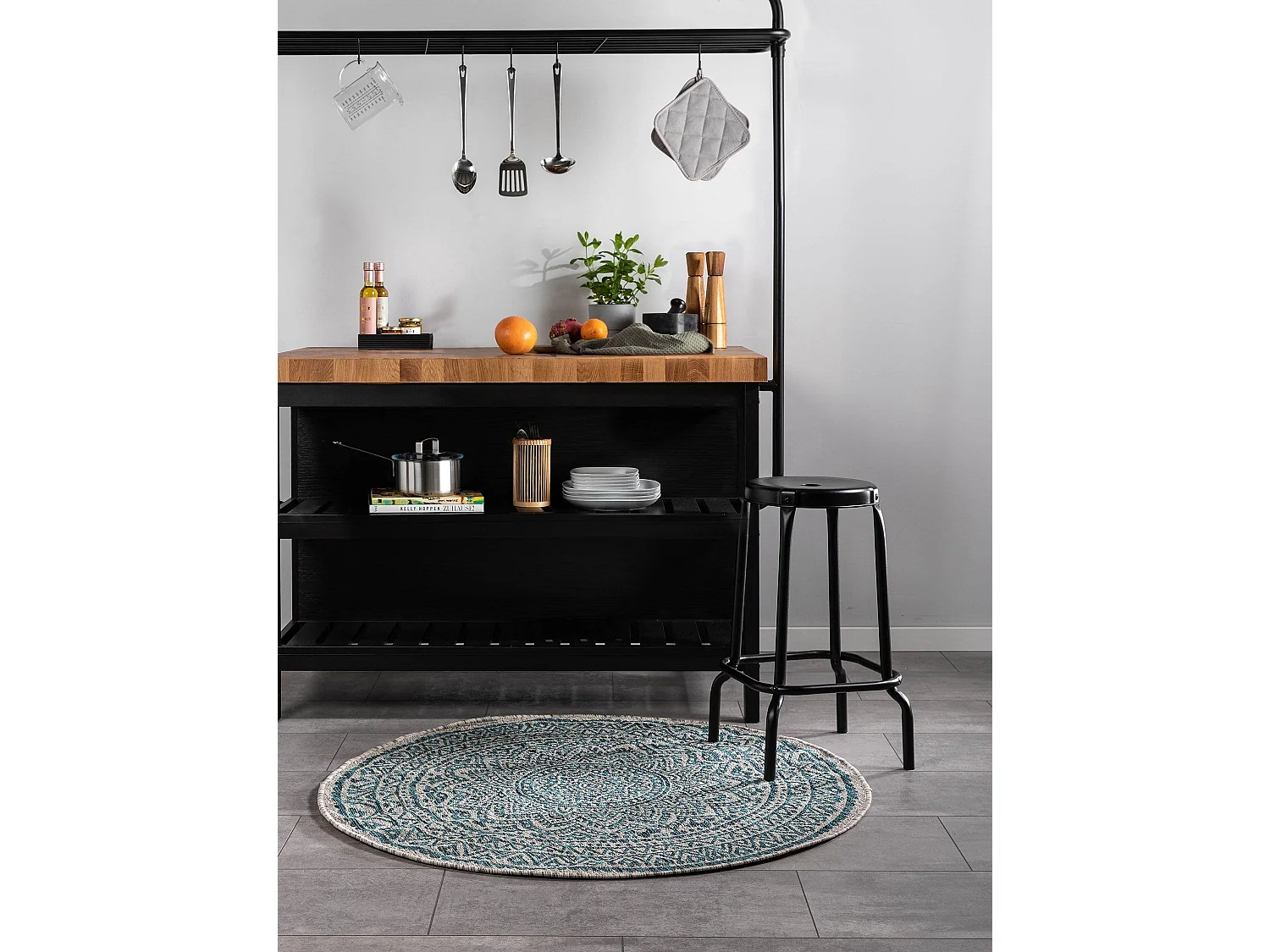 Tapis d'extérieur & intérieur rond Cleo Beige/Bleu ø 150 cm rond