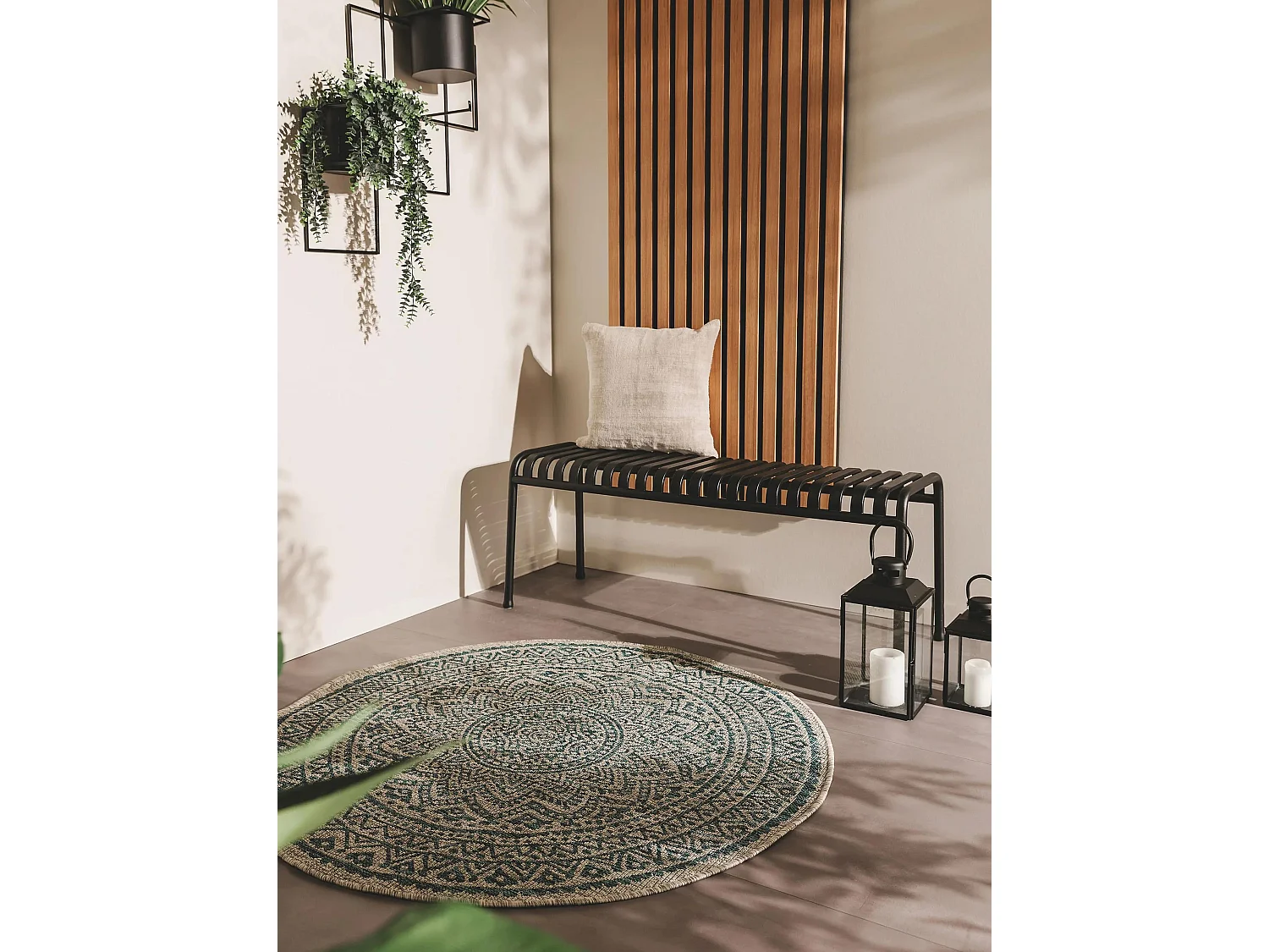 Tapis d'extérieur & intérieur rond Cleo Beige/Bleu ø 150 cm rond