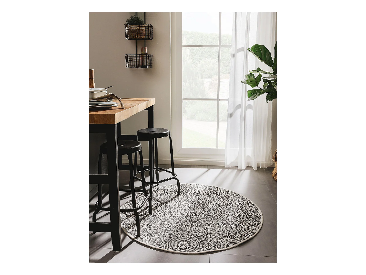 Tapis d'extérieur & intérieur rond Cleo Blanc & Noir ø 120 cm rond