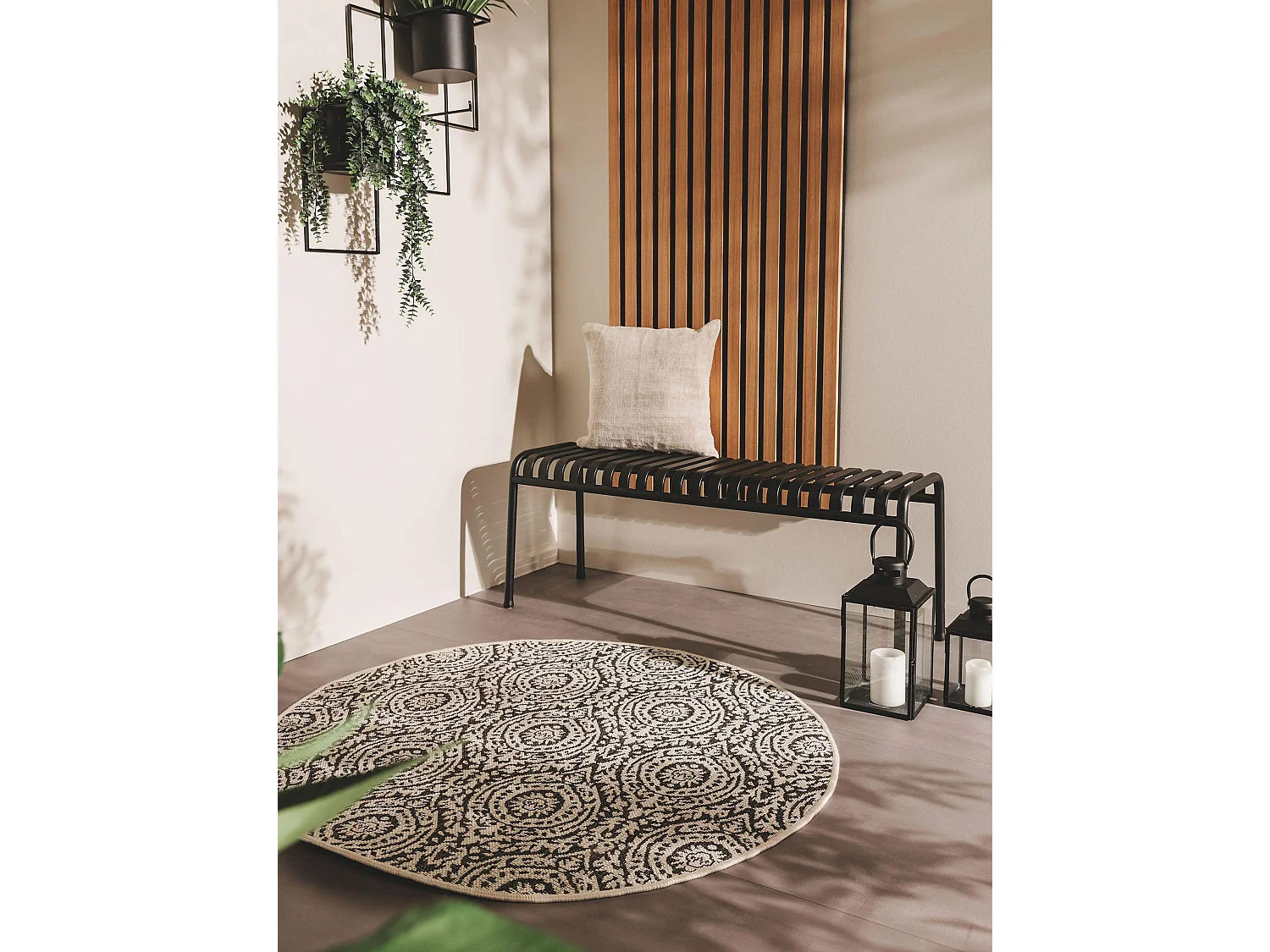 Tapis d'extérieur & intérieur rond Cleo Blanc & Noir ø 120 cm rond