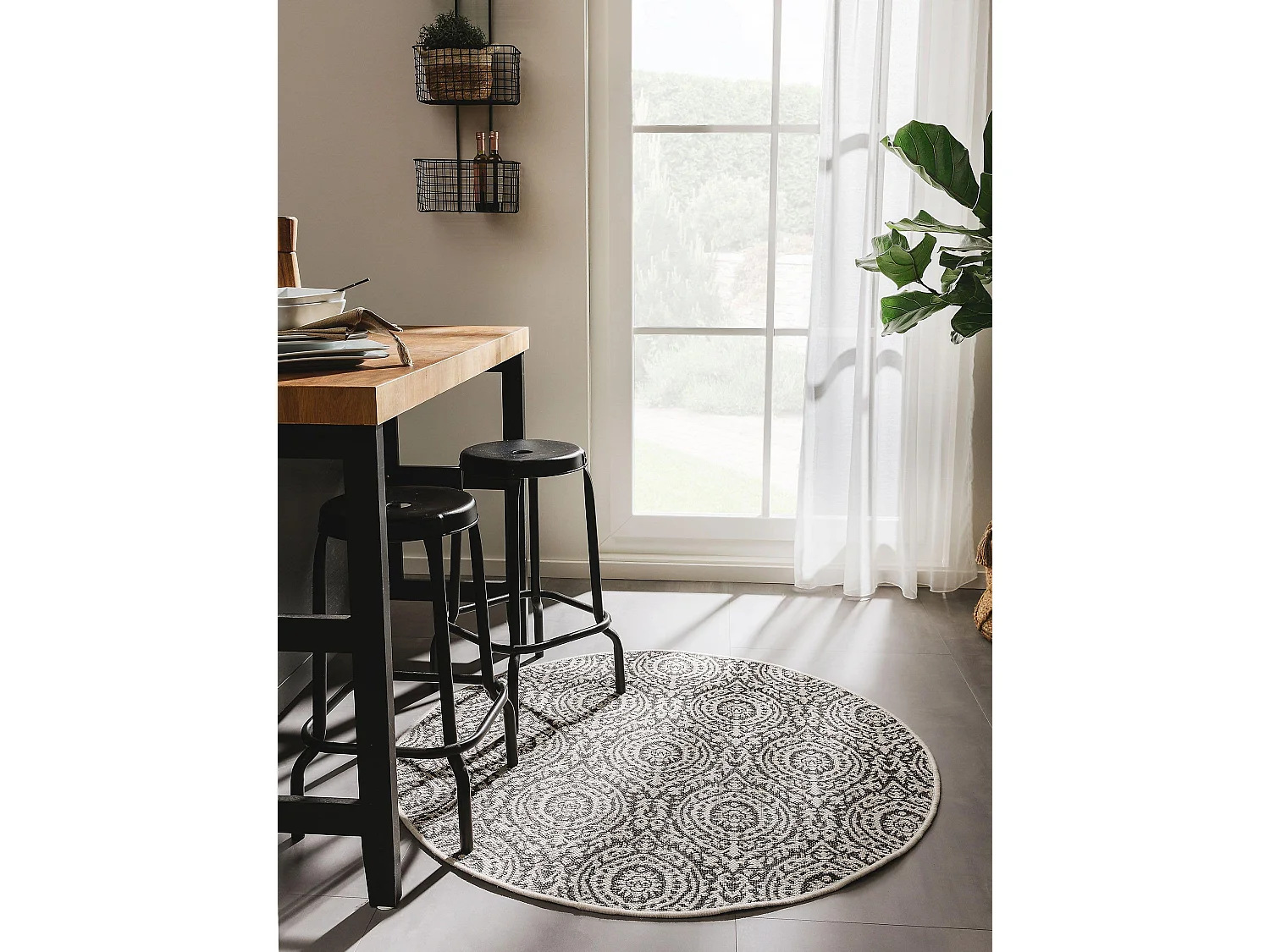 Tapis d'extérieur & intérieur rond Cleo Blanc & Noir ø 120 cm rond