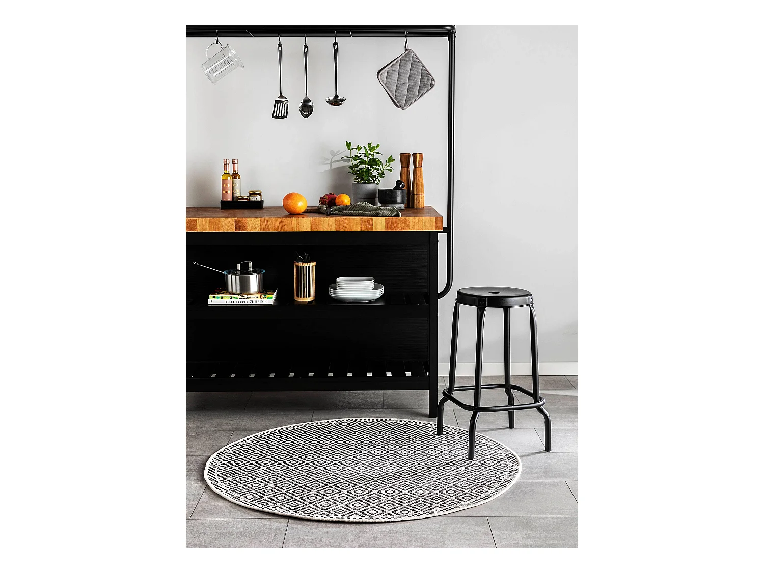 Tapis d'extérieur & intérieur rond Cleo Blanc & Noir ø 120 cm rond