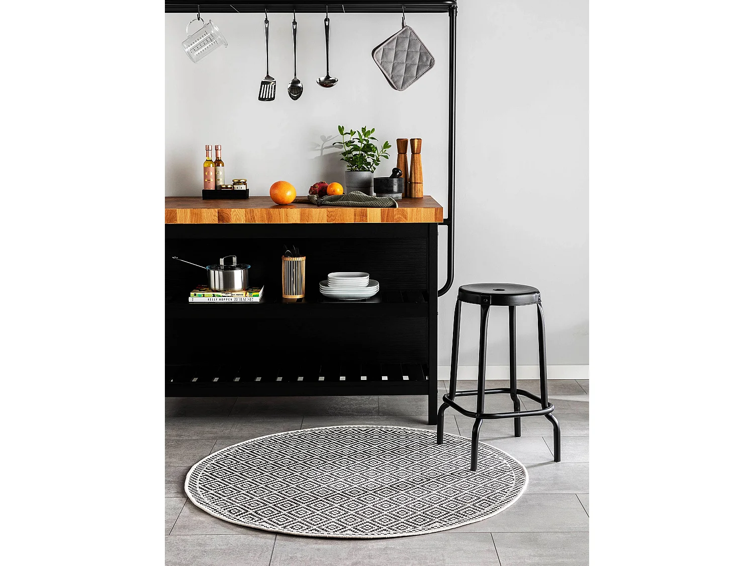 Tapis d'extérieur & intérieur rond Cleo Blanc & Noir ø 120 cm rond