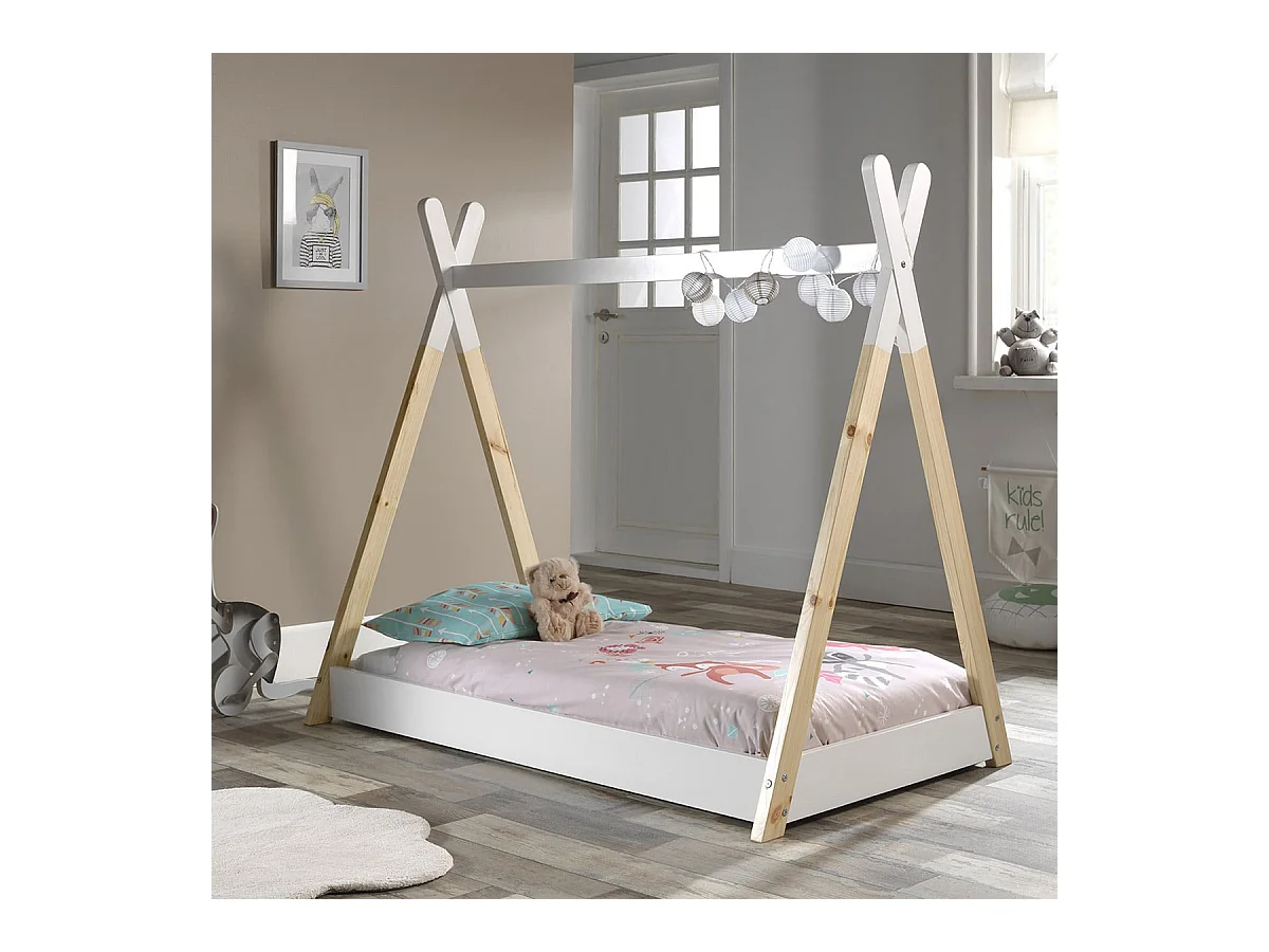 FLITT - Lit au Sol Junior 70x140cm en Pin Forme Tipi + Matelas