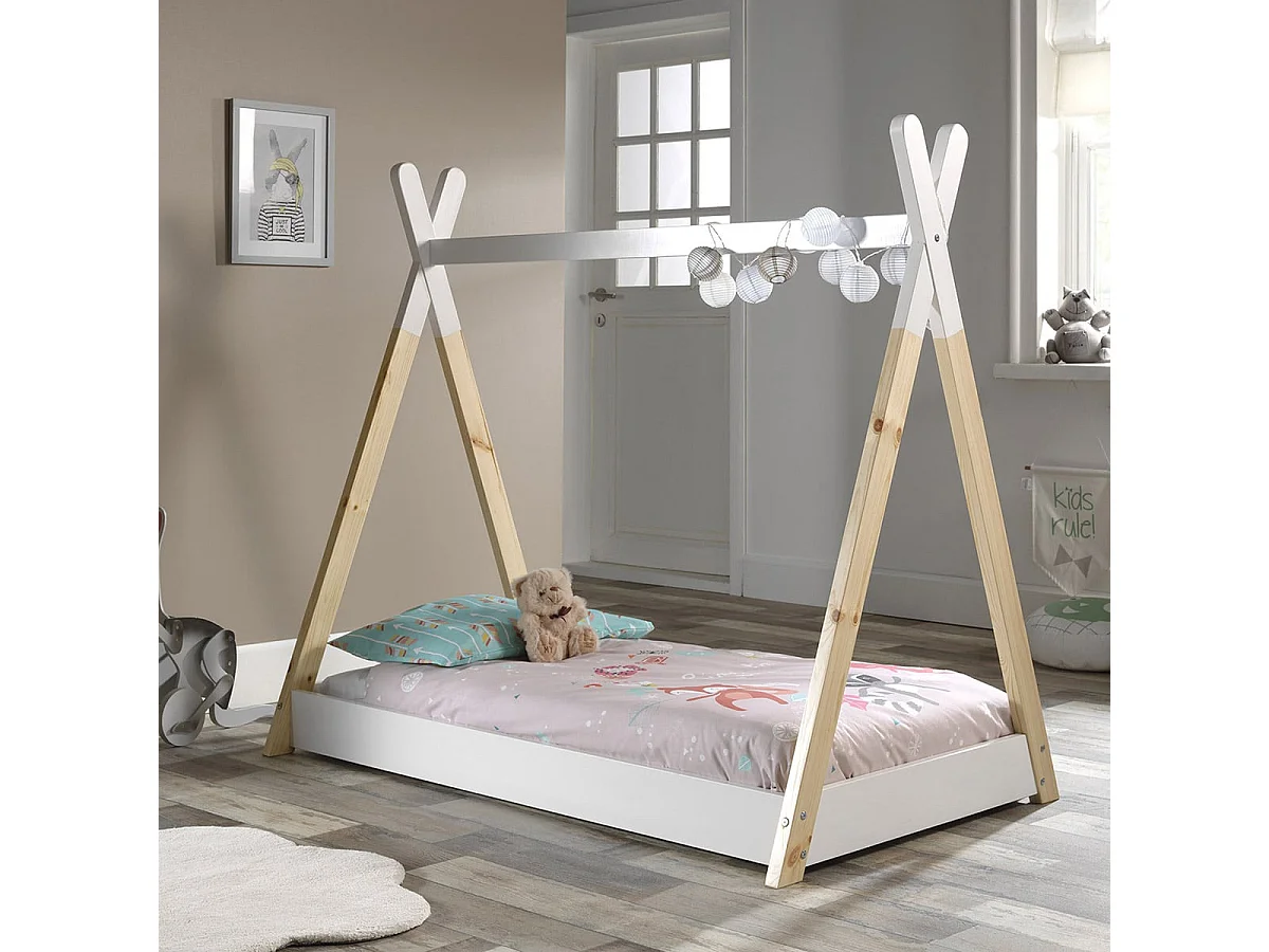 FLITT - Lit au Sol Junior 70x140cm en Pin Forme Tipi + Matelas