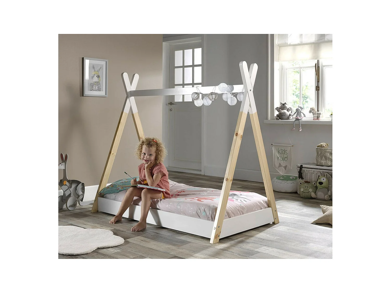 FLITT - Lit au Sol Junior 70x140cm Blanc et Pin Forme Tipi