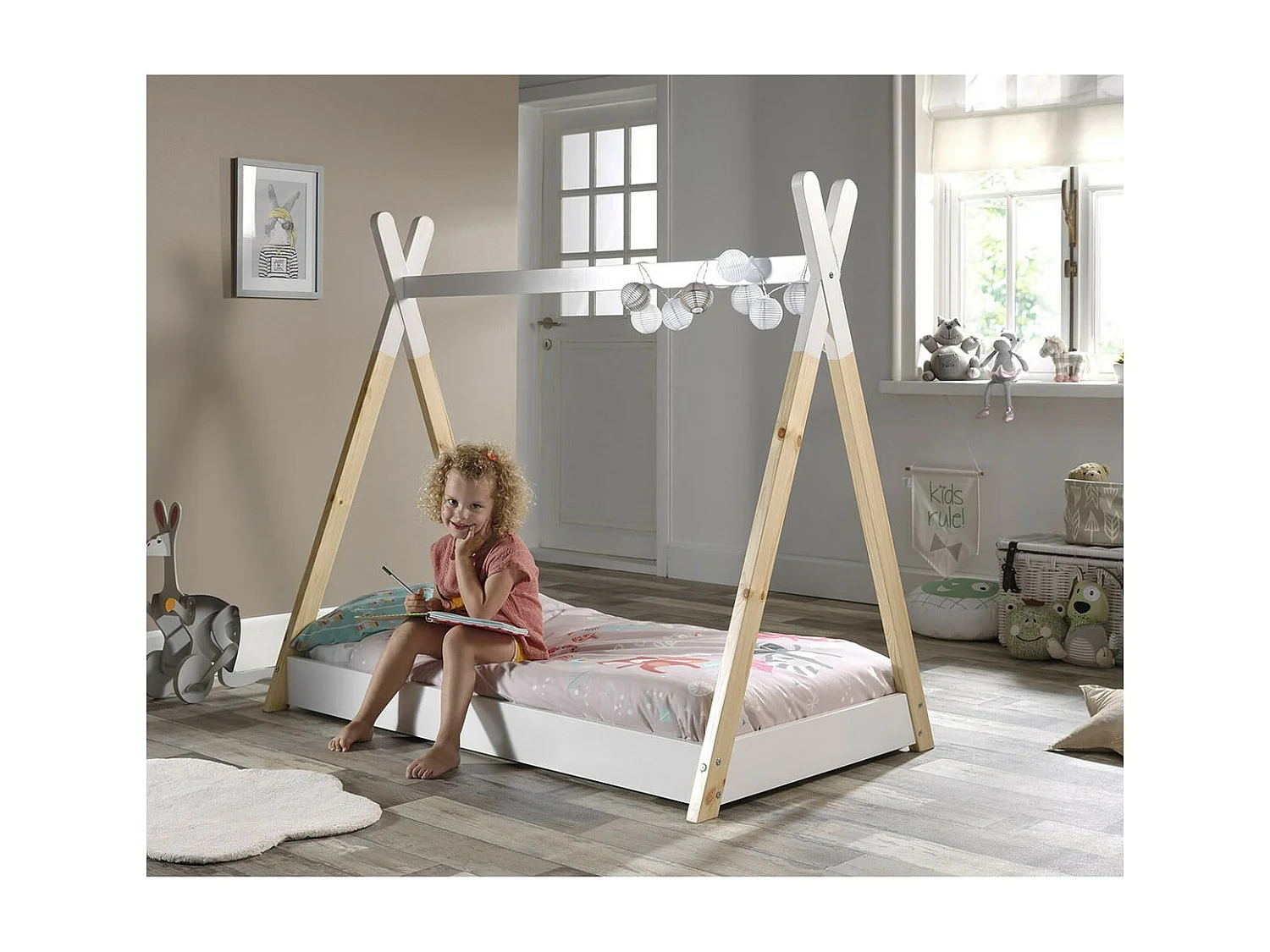 FLITT - Lit au Sol Junior 70x140cm Blanc et Pin Forme Tipi