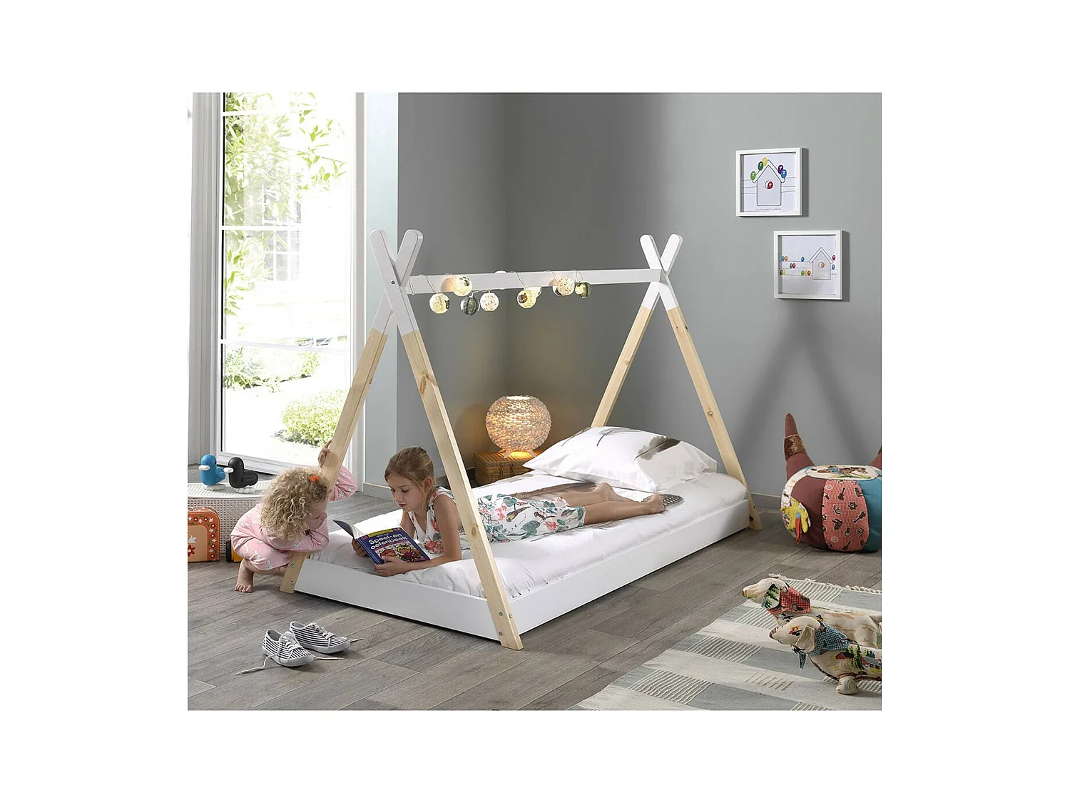 FLITT - Lit au Sol 90x200cm en Pin Forme Tipi + Matelas