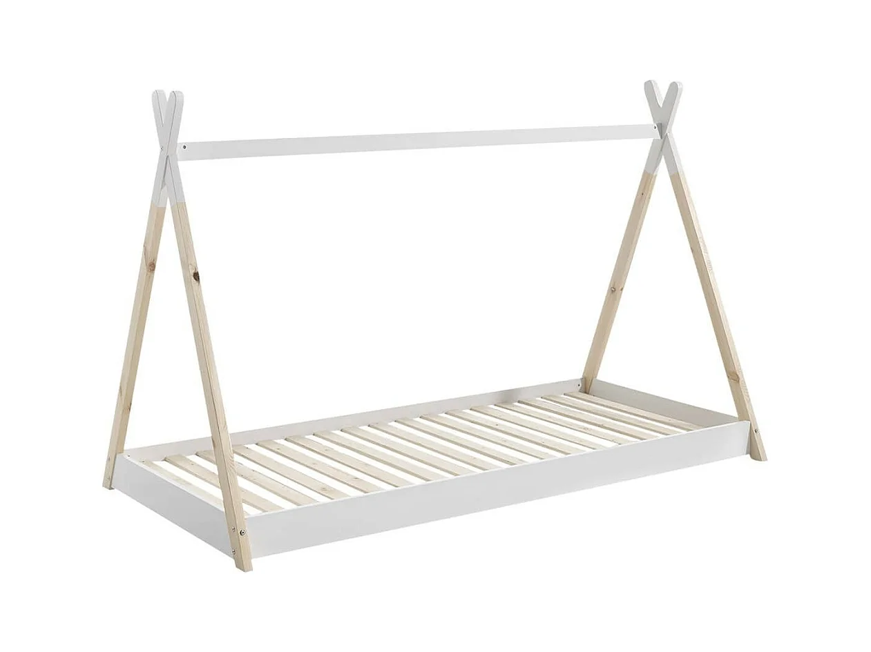FLITT - Lit au Sol 90x200cm Blanc et Pin Forme Tipi