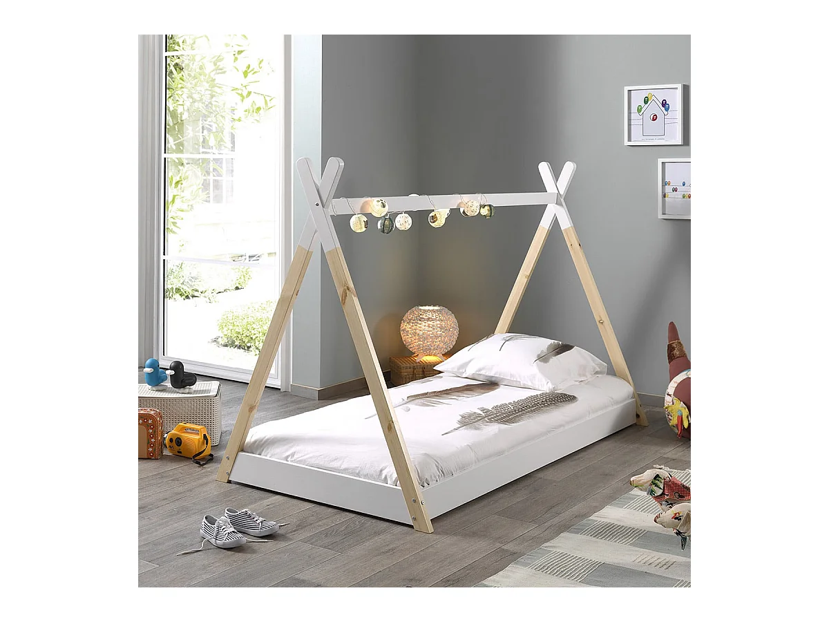 FLITT - Lit au Sol 90x200cm Blanc et Pin Forme Tipi