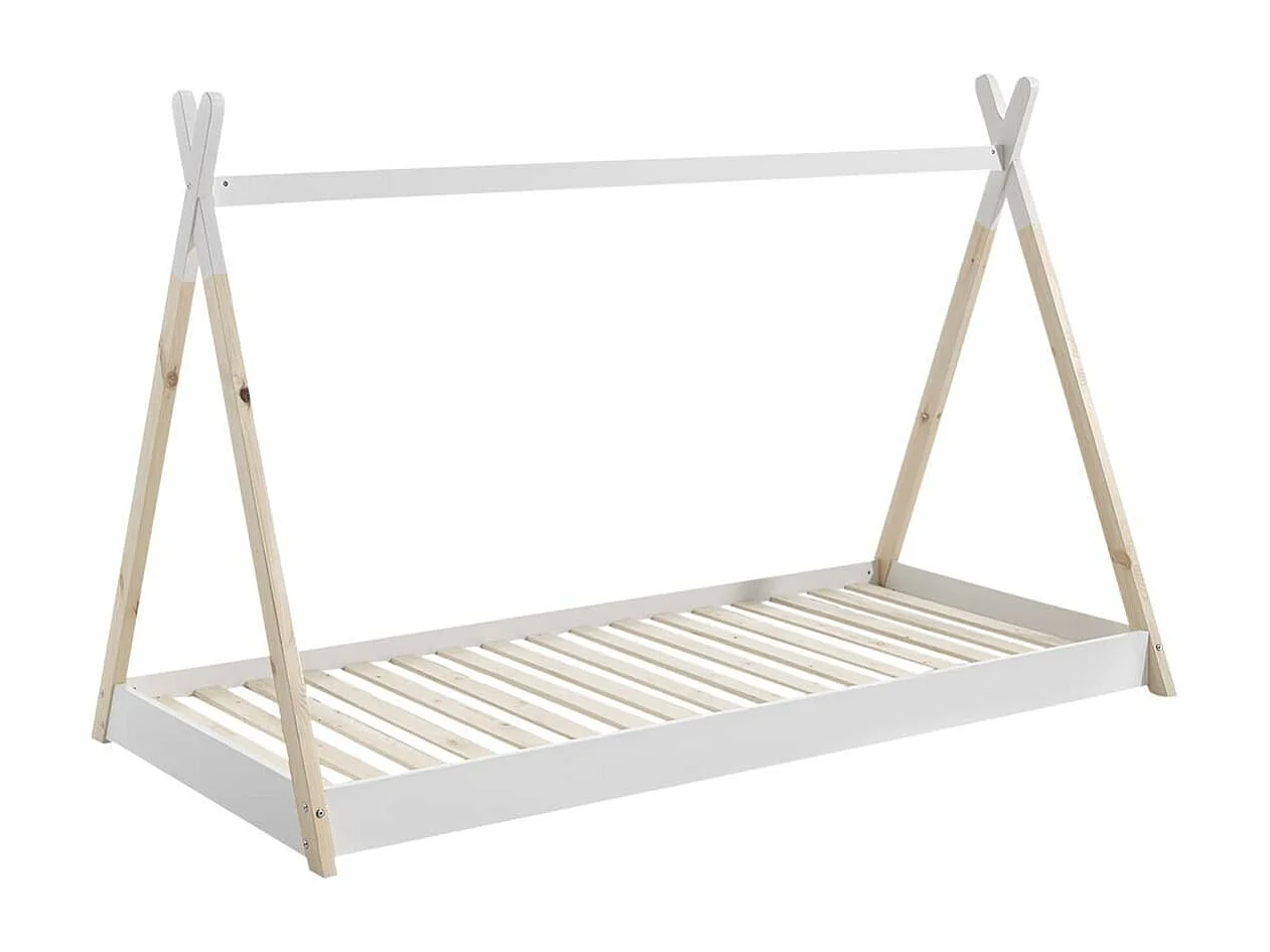 FLITT - Lit au Sol 90x200cm Blanc et Pin Forme Tipi