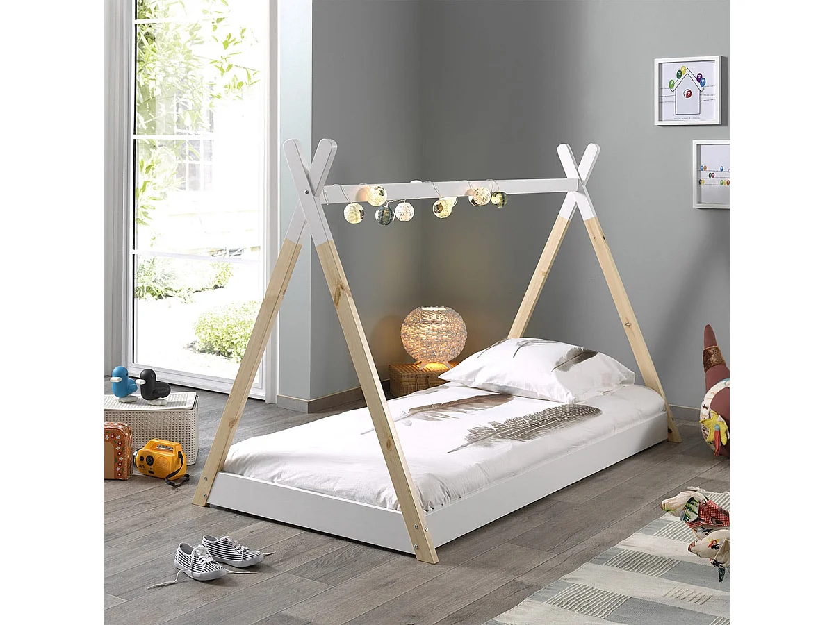 FLITT - Lit au Sol 90x200cm Blanc et Pin Forme Tipi