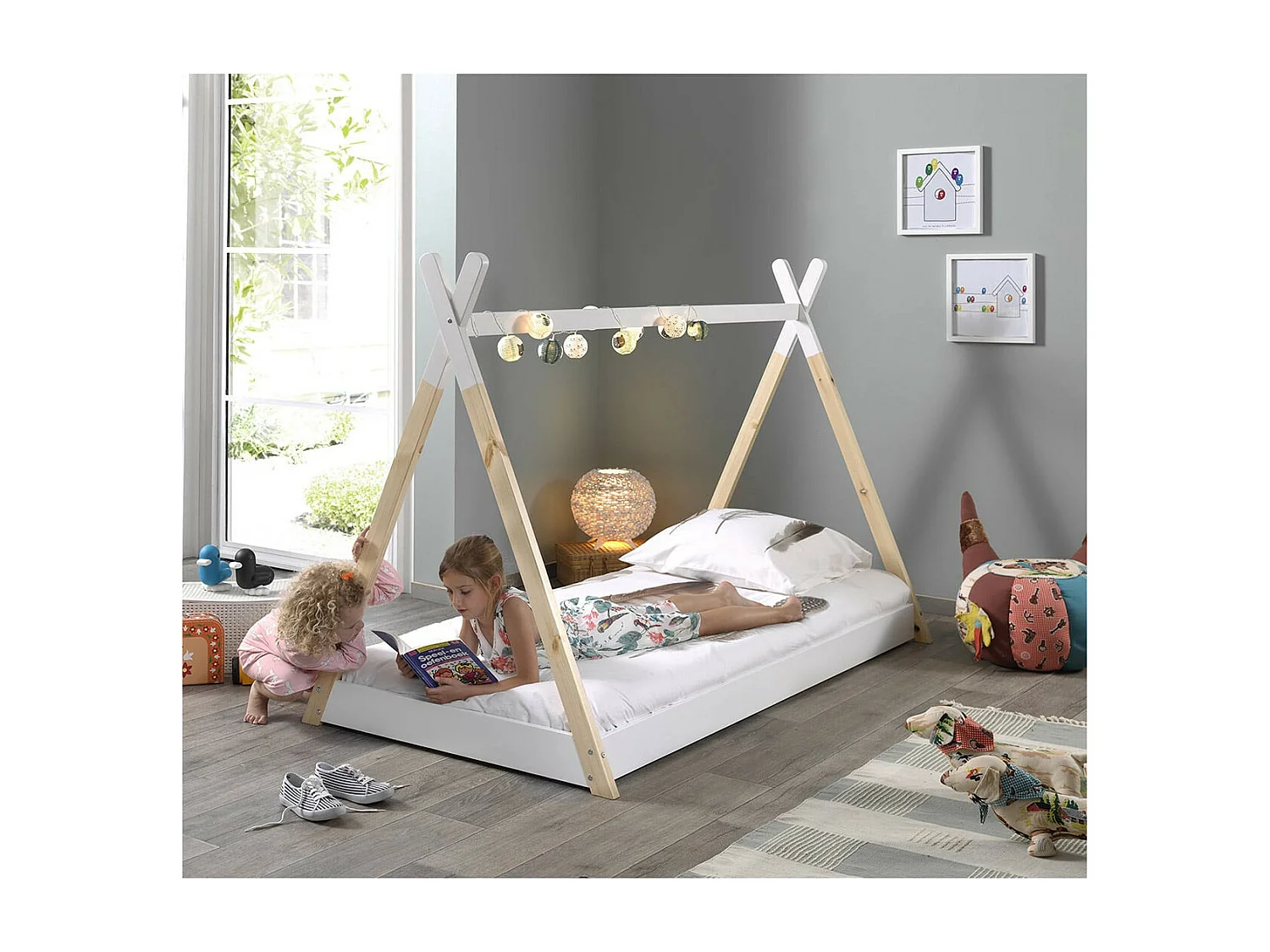 FLITT - Lit au Sol 90x200cm Blanc et Pin Forme Tipi