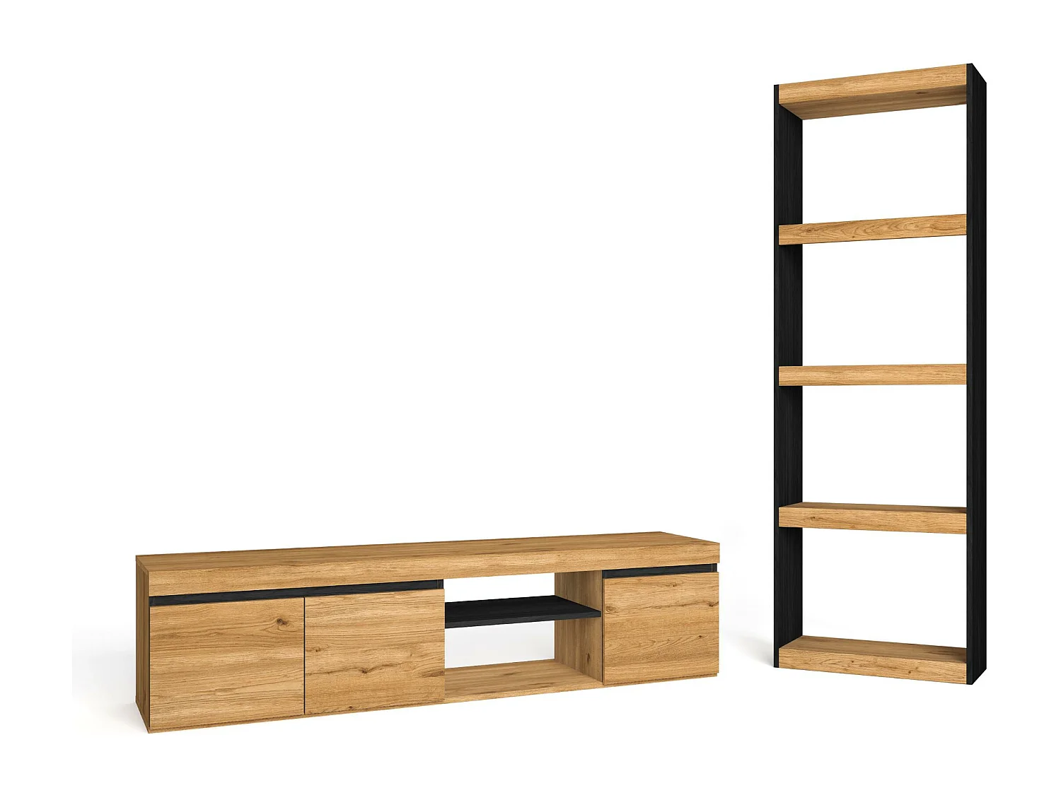 Modulaire woonkamer set, Natuur- en totem -model, 160x40x41cm / 60x25x181cm, Tv -meubels en plank, Eik en zwart, Industriële stijl