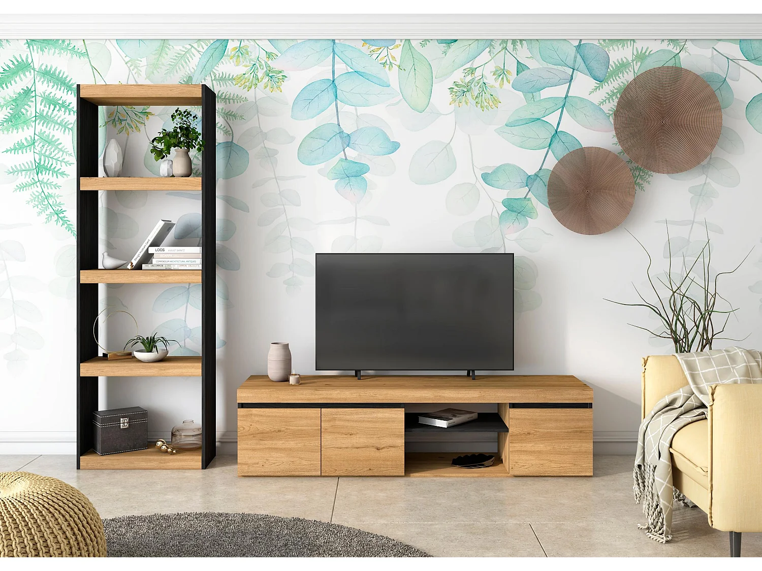 Modulaire woonkamer set, Natuur- en totem -model, 160x40x41cm / 60x25x181cm, Tv -meubels en plank, Eik en zwart, Industriële stijl