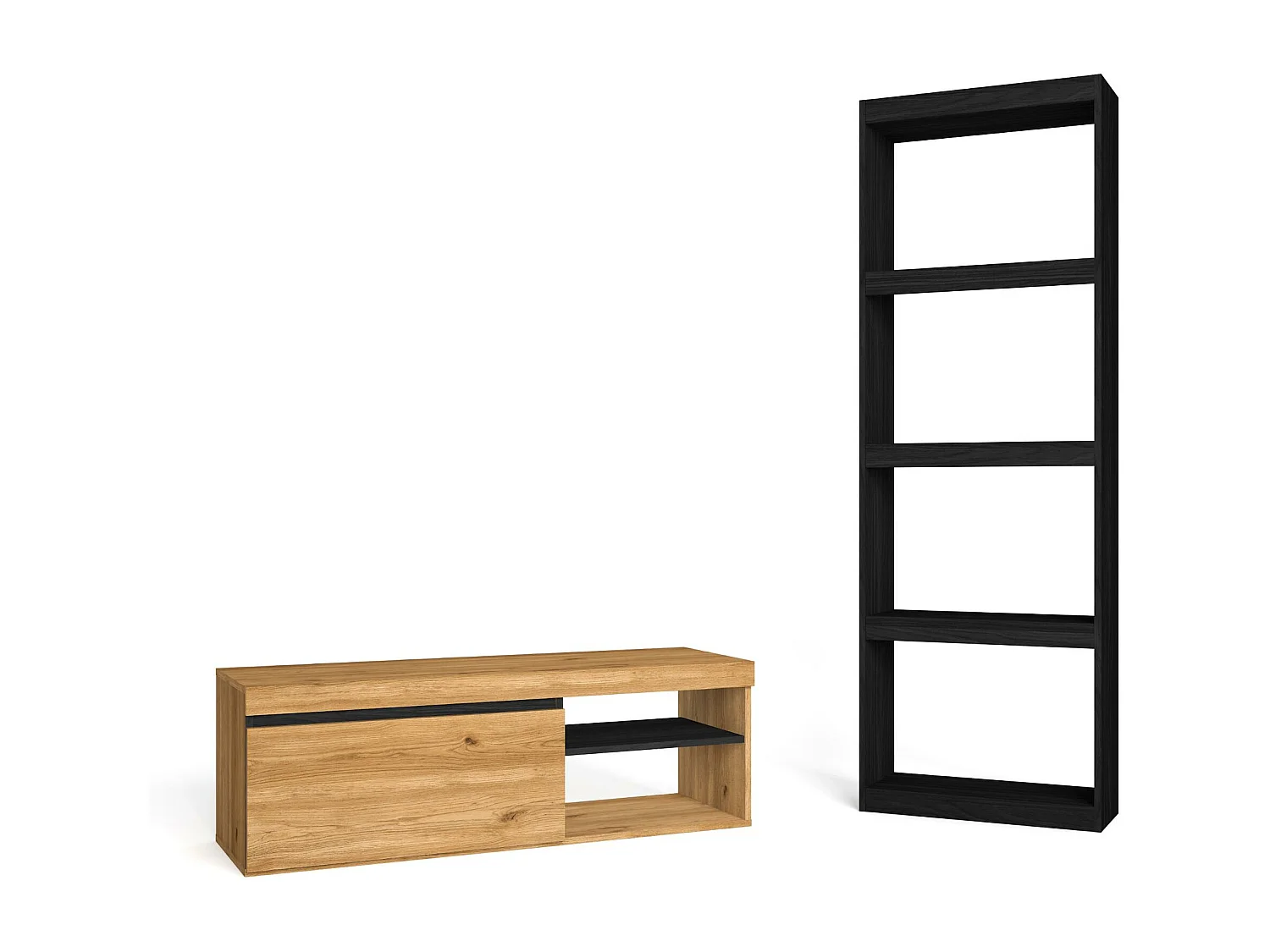 Set NATURALE - Mueble Tv120  Roble/Negro y Biblioteca TOTEM Negra-Mueble Auxiliar-Estantería