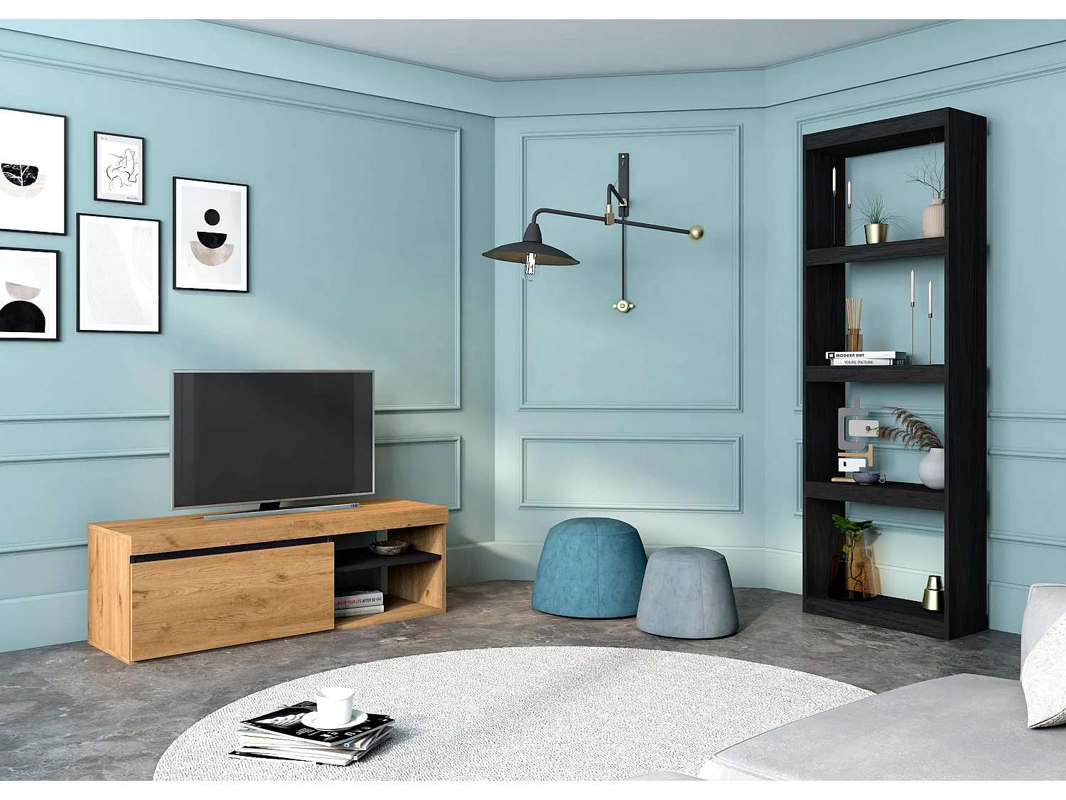 Set NATURALE - Mueble Tv120  Roble/Negro y Biblioteca TOTEM Negra-Mueble Auxiliar-Estantería