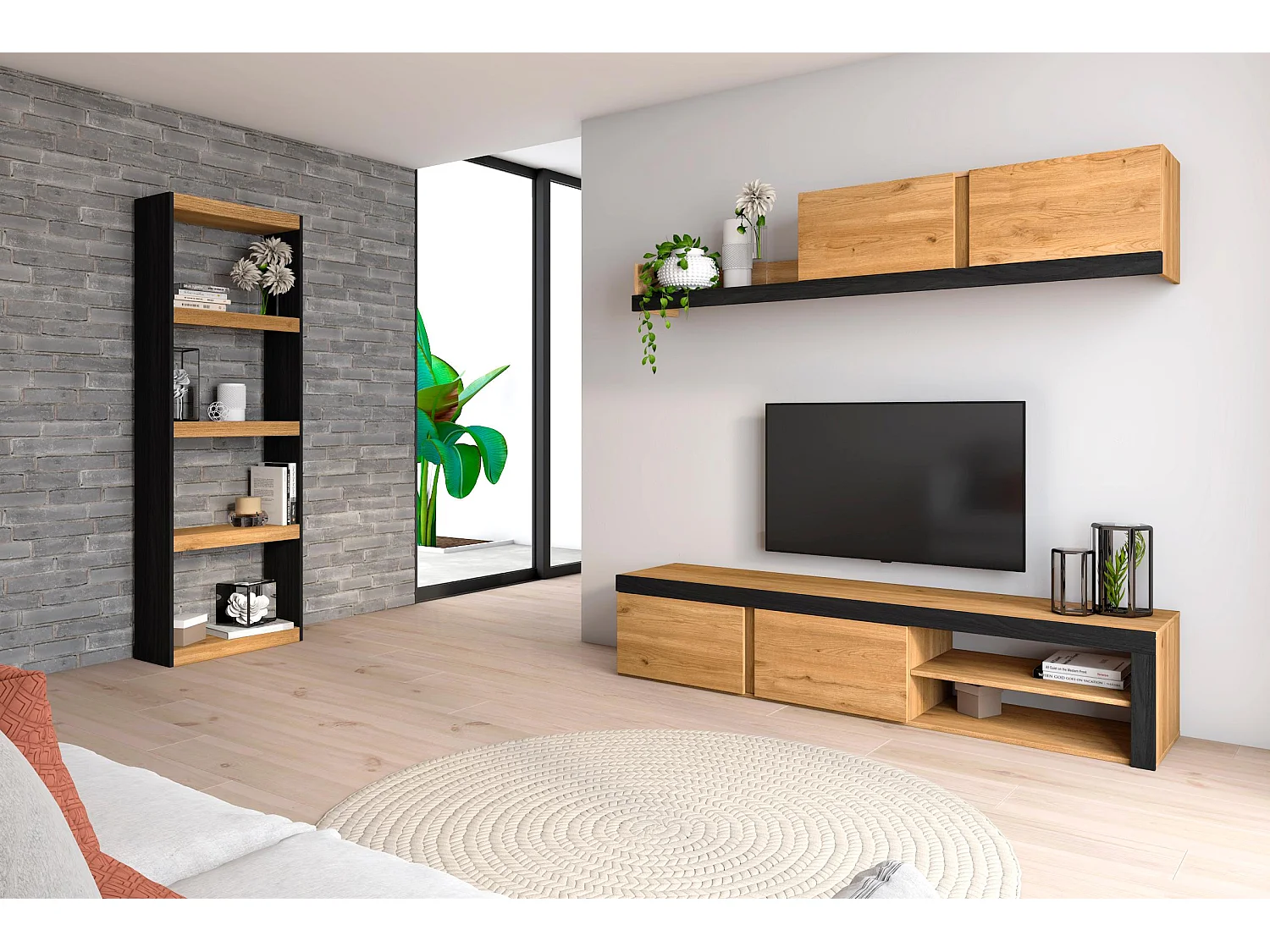 Modulaire woonkamer set, IDEM- en totem -model, 200x40x180cm / 60x25x181cm, Tv -meubels en plank, Eik en zwart, Industriële stijl