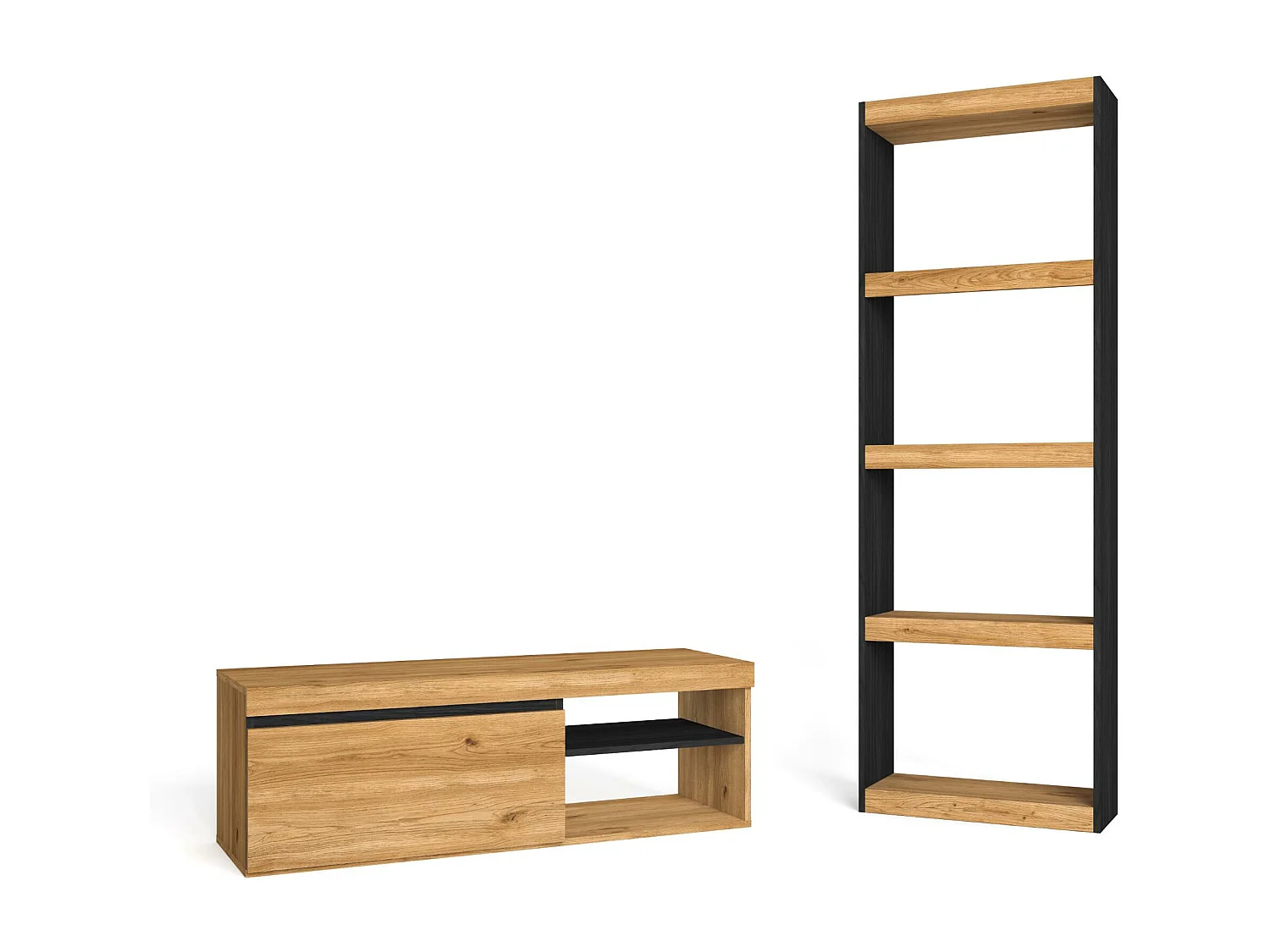 Ensemble NATURALE - Meuble TV 120 et Bibliothèque TOTEM  Couleur Chêne/Noir